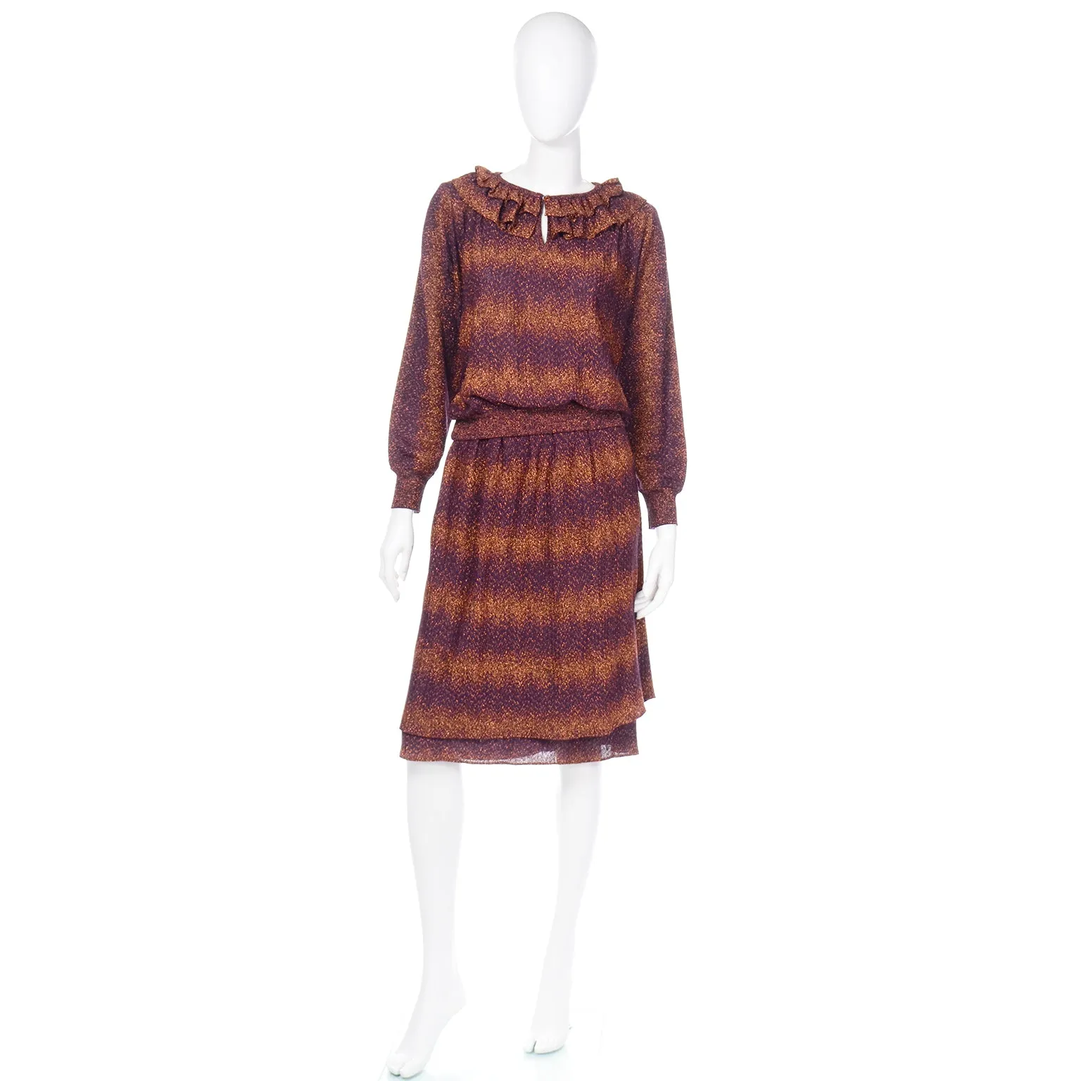 1970s Missoni Purple & Copper Metallic 2Pc Dress Top & Skirt