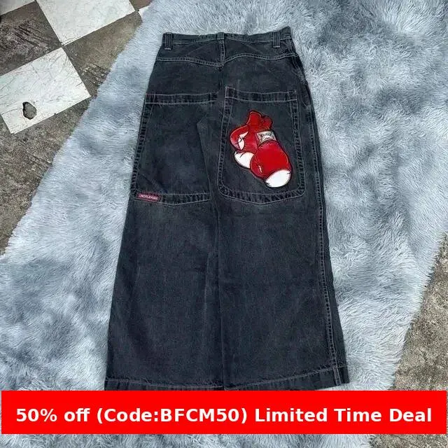 Amozae 1980s fashion trends E-Commerce Loose Jeans Hip Hop Rock Embroidery Street Retro Harajuku High Waist Wide Leg Jeans