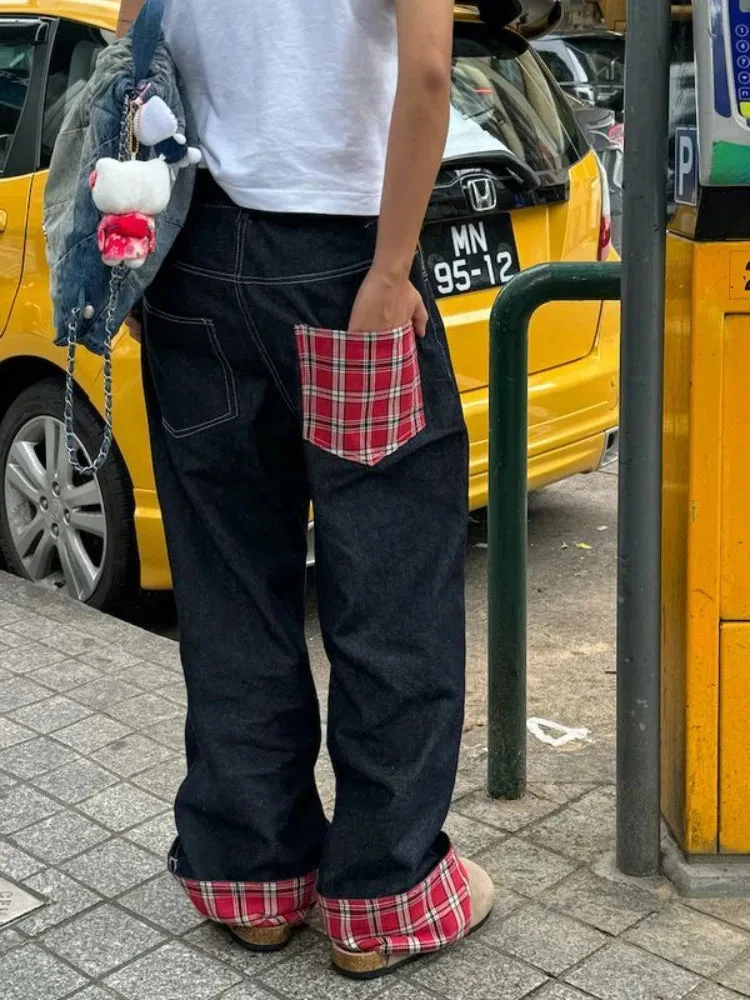 Amozae-American retro plaid patchwork rolled edge women jeans high street Harajuku loose wide leg straight leg men and women pants