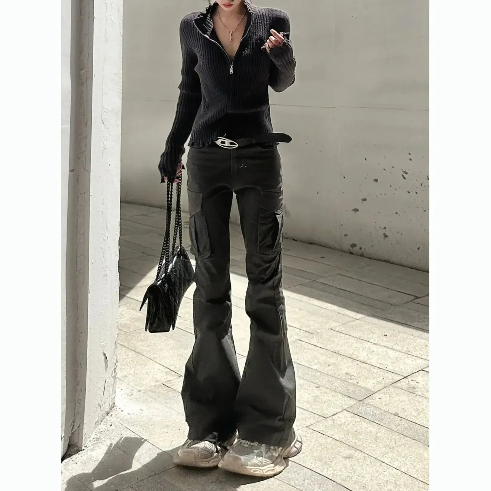 Amozae-Solid Micro Flare Workwear Jeans for Women 2023 New High Waist Jeans Multiple Pockets Slim Retro Dropped Horseshoe Pants Y2k