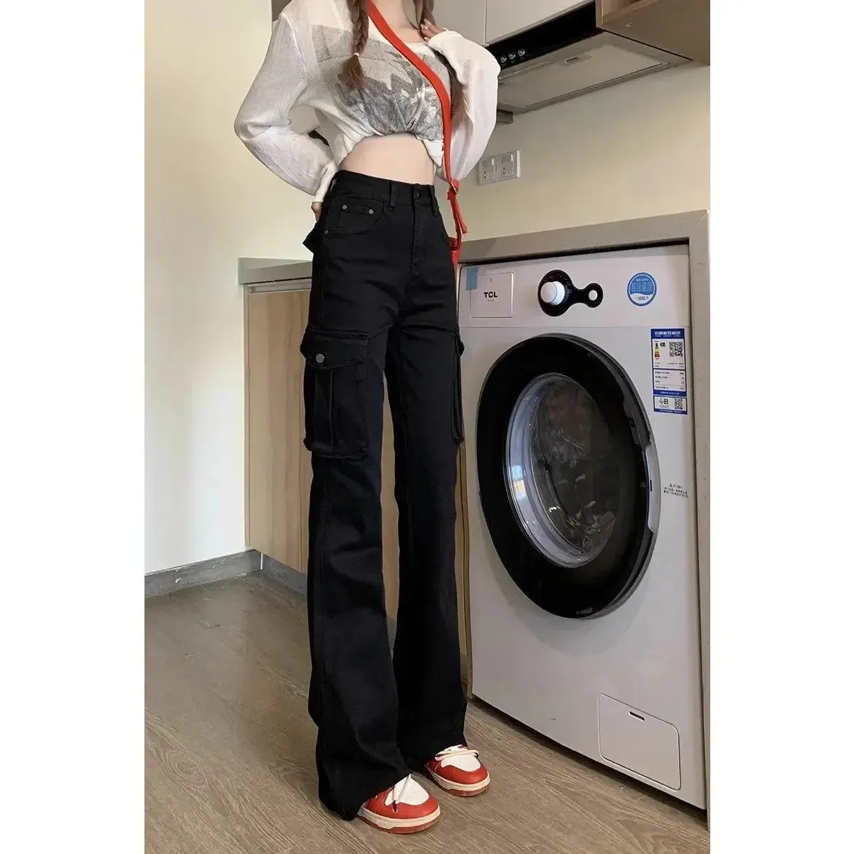 Amozae-Solid Micro Flare Workwear Jeans for Women 2023 New High Waist Jeans Multiple Pockets Slim Retro Dropped Horseshoe Pants Y2k