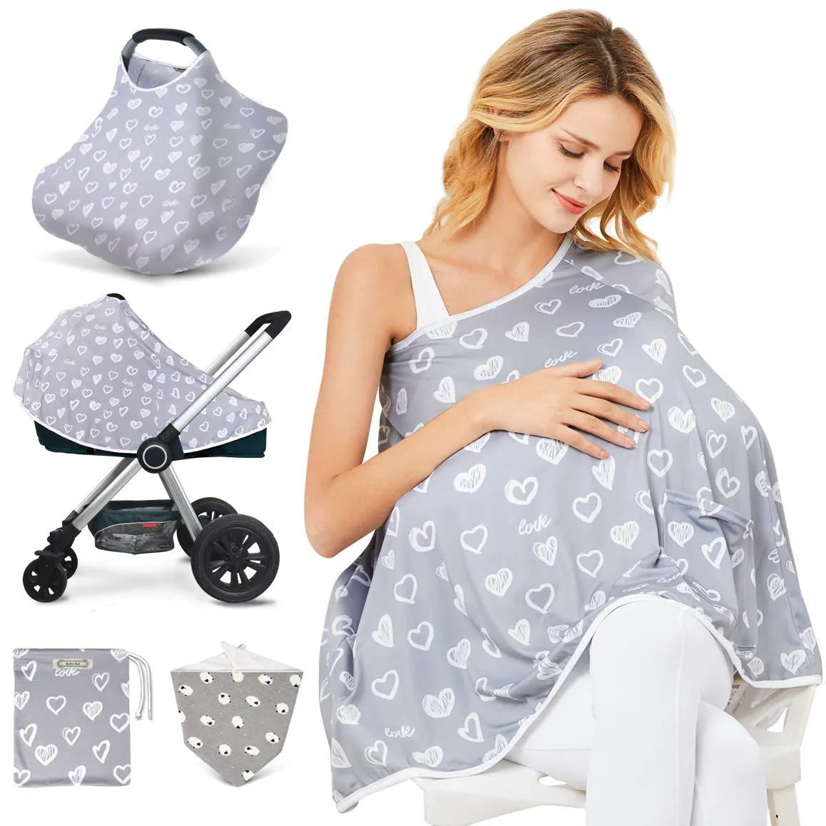 Baby Nursing Cover & Nursing Poncho - Multi Use Cover for Baby Car Seat Canopy, Shopping Cart Cover, Stroller Cover, 360° Full Privacy Breastfeeding Coverage Heart-shaped