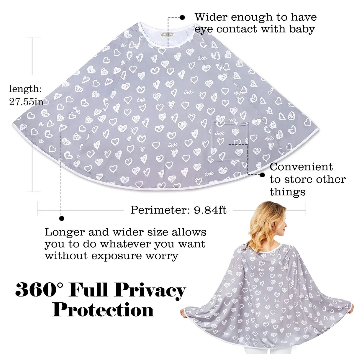 Baby Nursing Cover & Nursing Poncho - Multi Use Cover for Baby Car Seat Canopy, Shopping Cart Cover, Stroller Cover, 360° Full Privacy Breastfeeding Coverage Heart-shaped