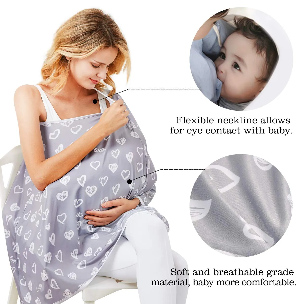 Baby Nursing Cover & Nursing Poncho - Multi Use Cover for Baby Car Seat Canopy, Shopping Cart Cover, Stroller Cover, 360° Full Privacy Breastfeeding Coverage Heart-shaped