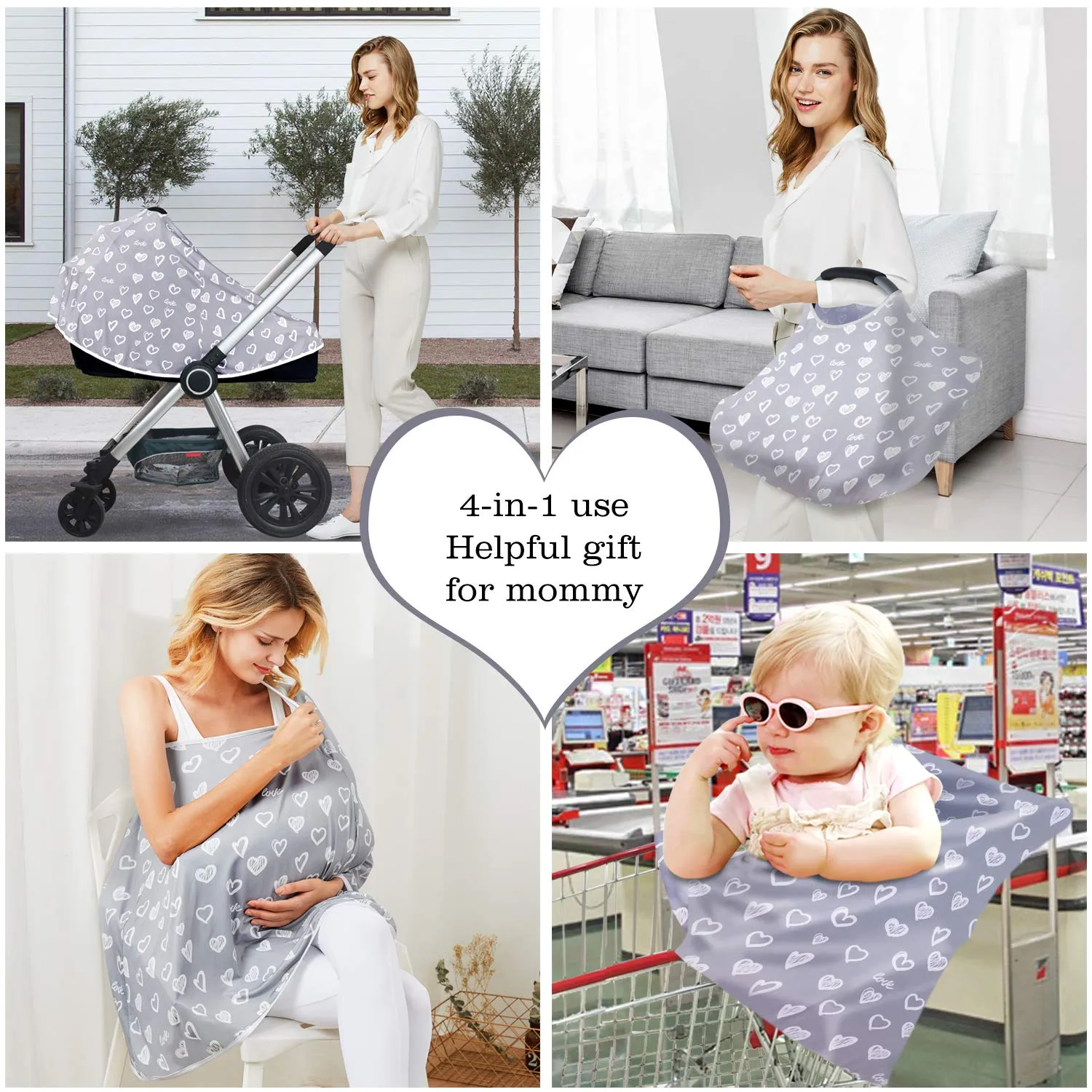 Baby Nursing Cover & Nursing Poncho - Multi Use Cover for Baby Car Seat Canopy, Shopping Cart Cover, Stroller Cover, 360° Full Privacy Breastfeeding Coverage Heart-shaped