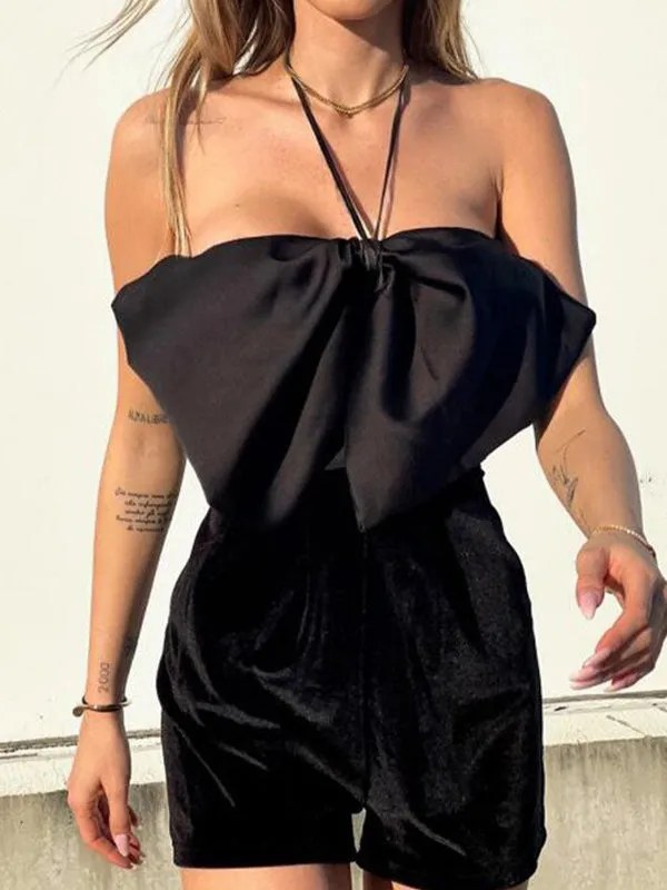 Bow Embellish Black Halter Romper