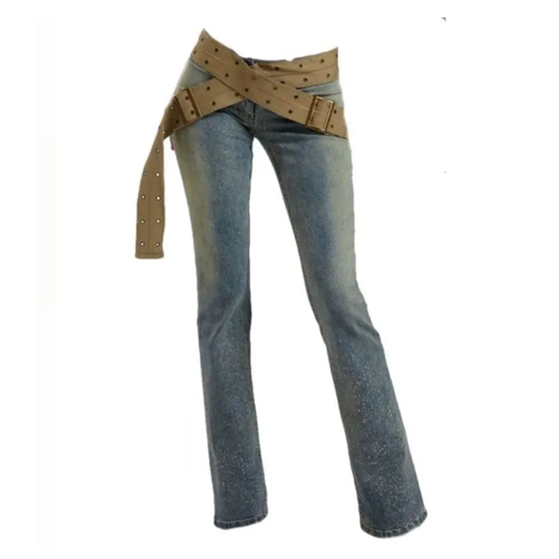 High Street Sexy Retro Bell-Bottom Pants Winding Canvas Thick Belt Decorative Low Waist Leg Trimming Jeans for Women