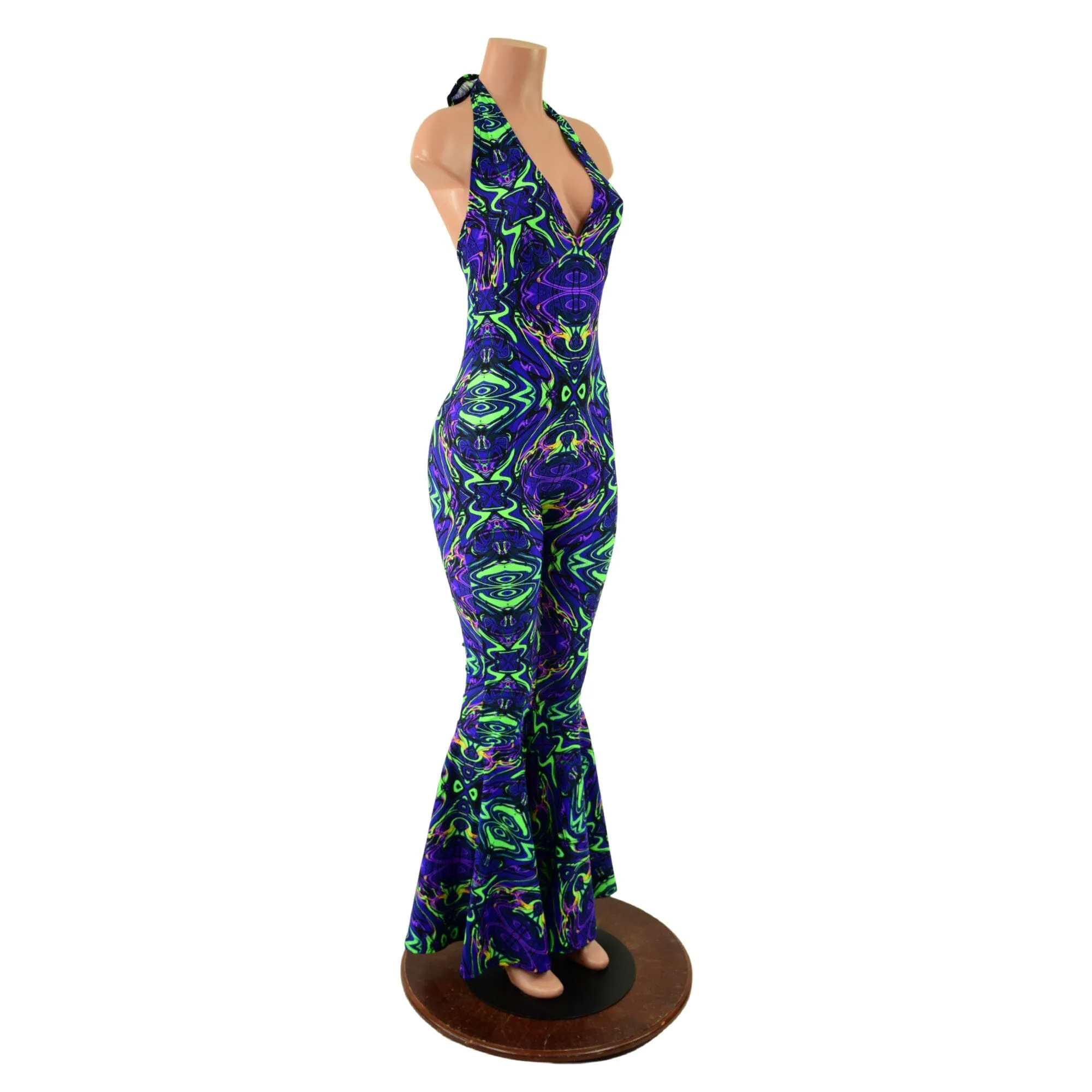 Monroe Halter Bell Bottom Flare Catsuit in Neon Melt
