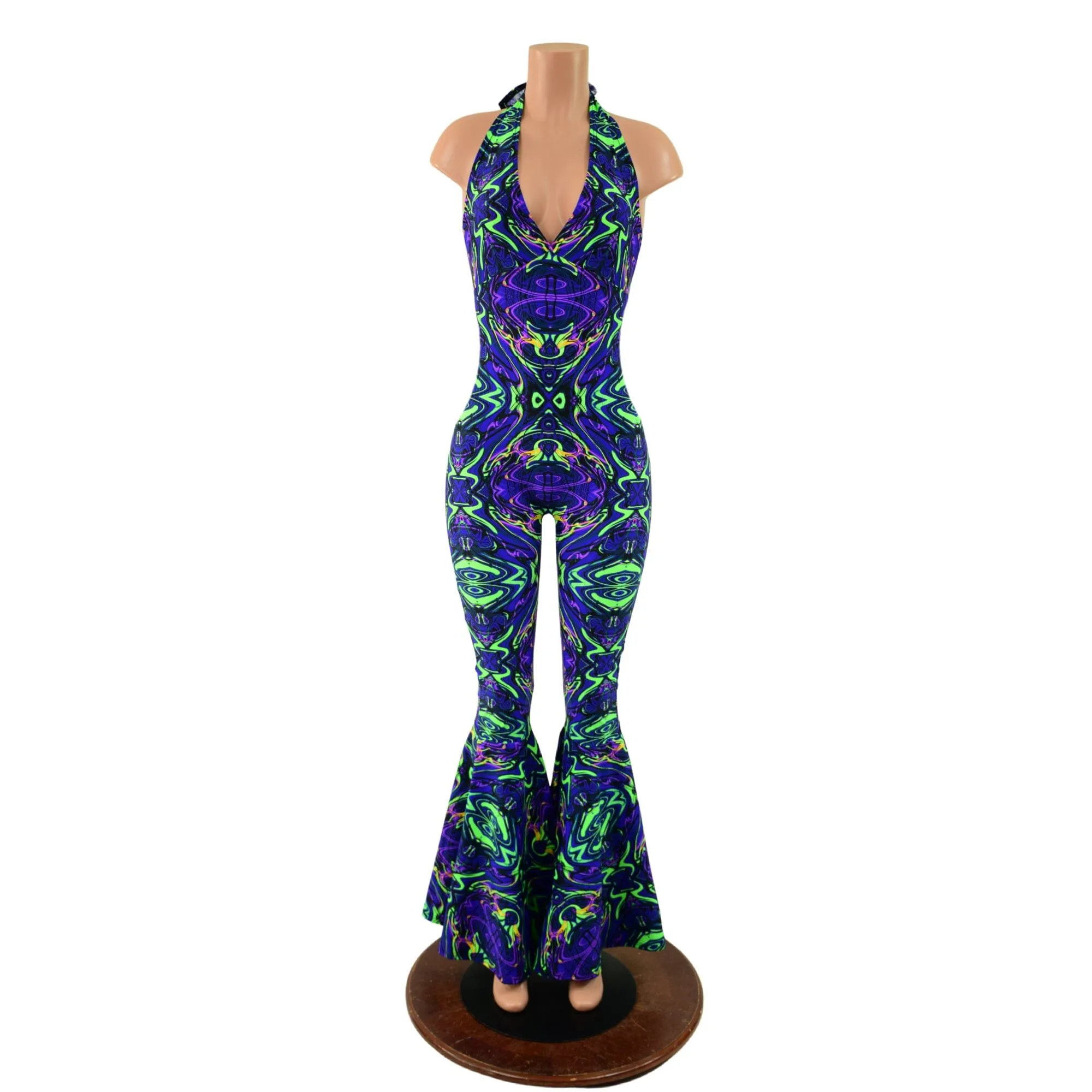 Monroe Halter Bell Bottom Flare Catsuit in Neon Melt
