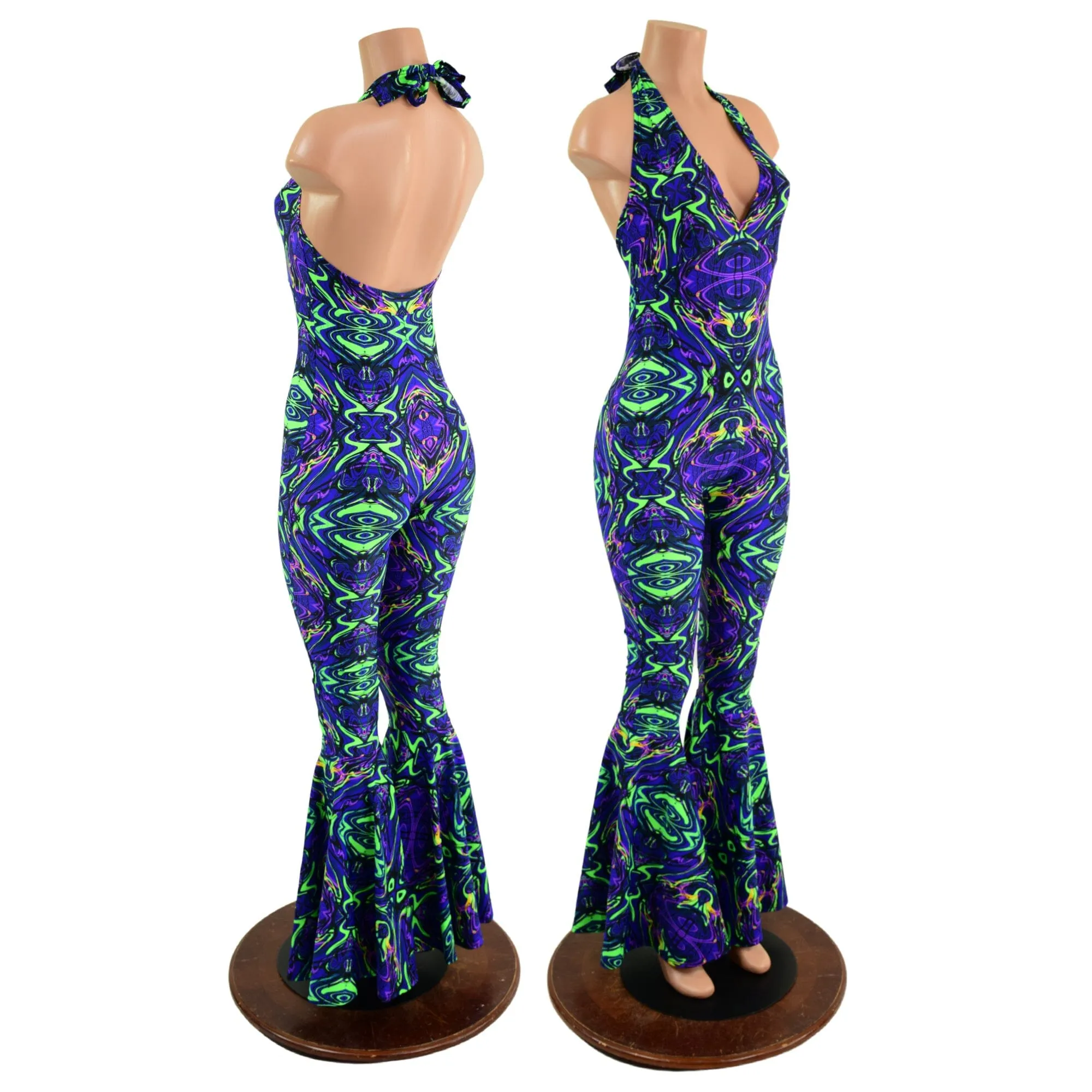 Monroe Halter Bell Bottom Flare Catsuit in Neon Melt