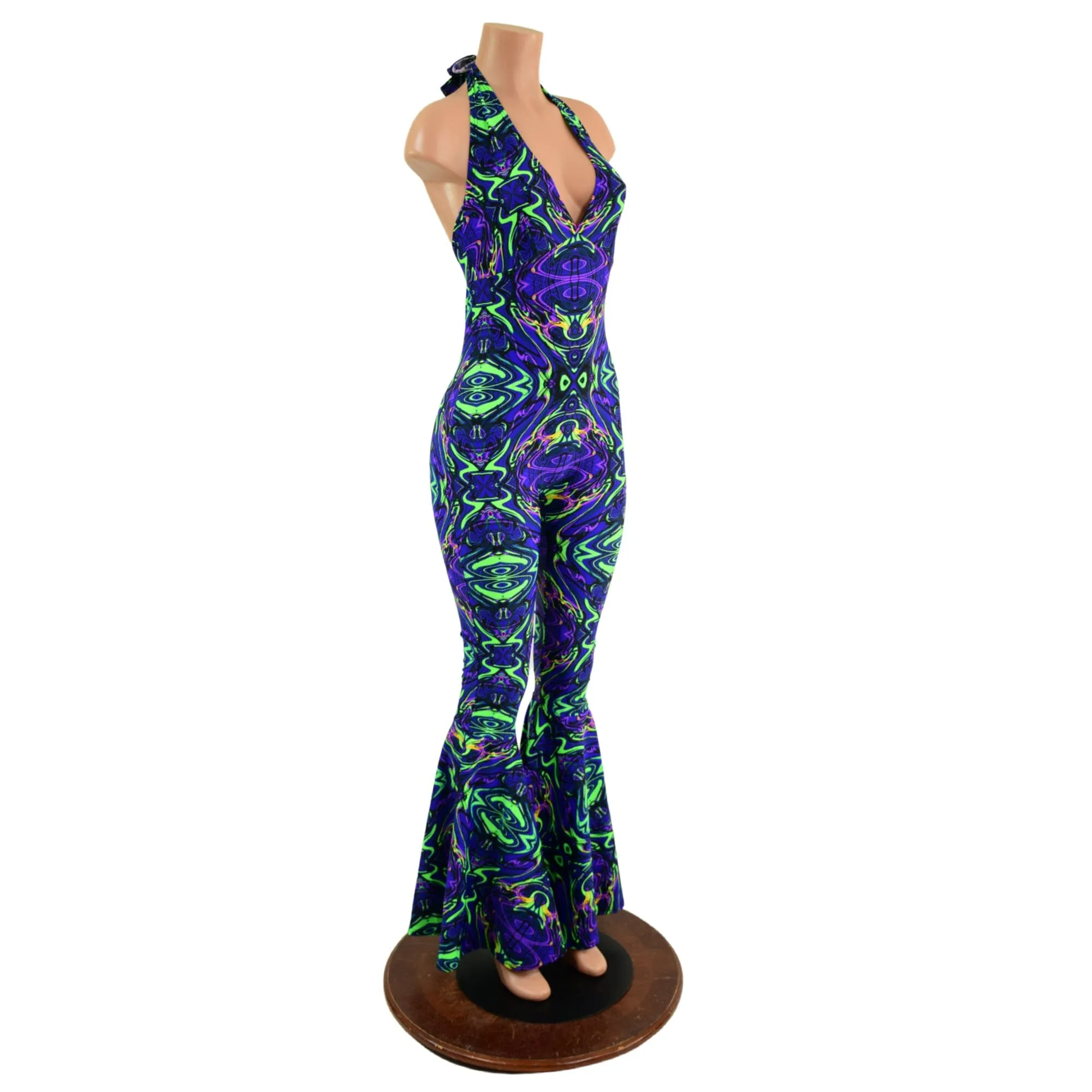 Monroe Halter Bell Bottom Flare Catsuit in Neon Melt