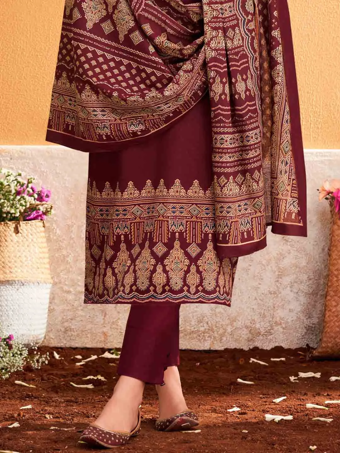 Mumtaz Arts Pure Cotton Satin Unstitched Salwar Suit Maroon