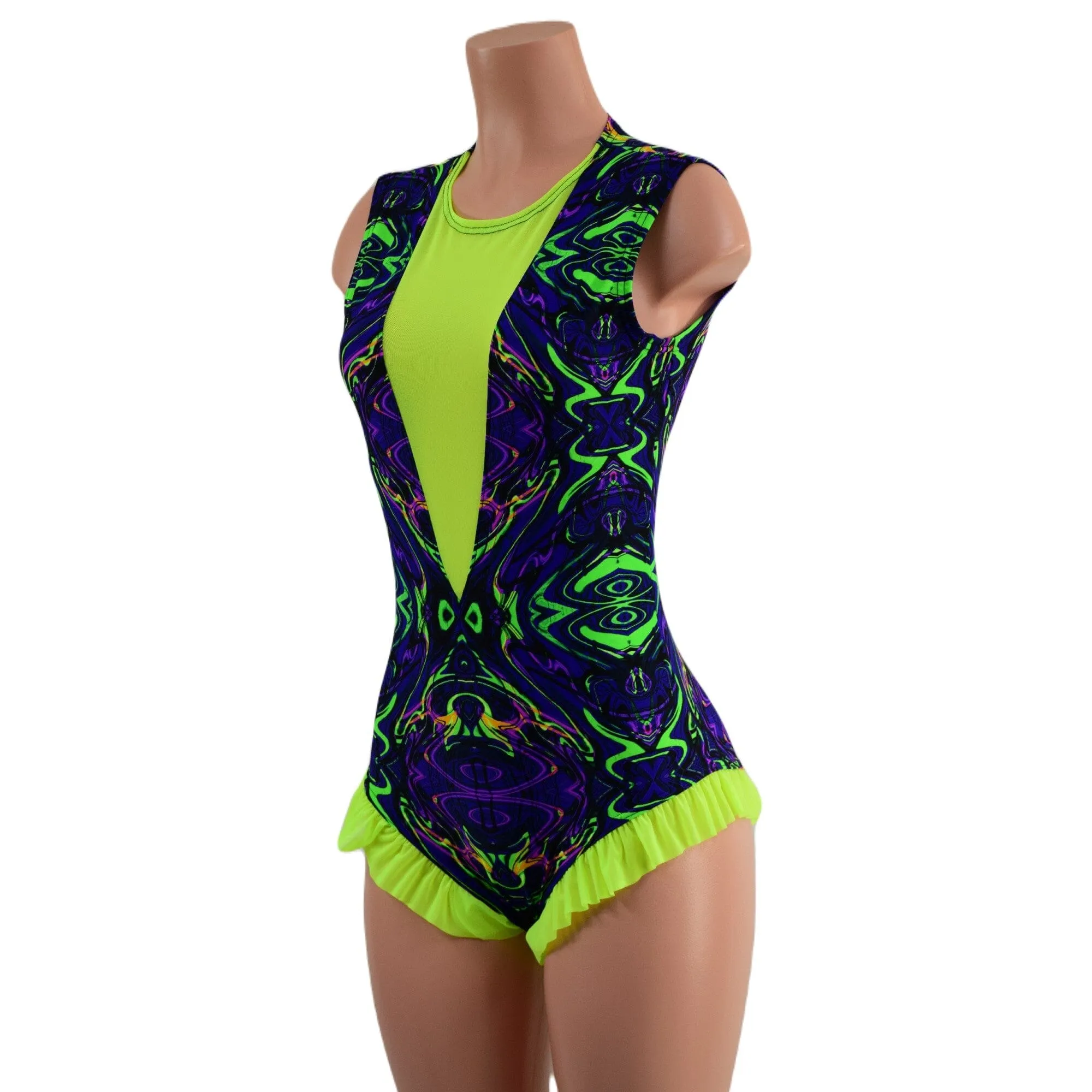 Neon Melt Trapeze Romper with Mesh Lined Plunging V Neckline