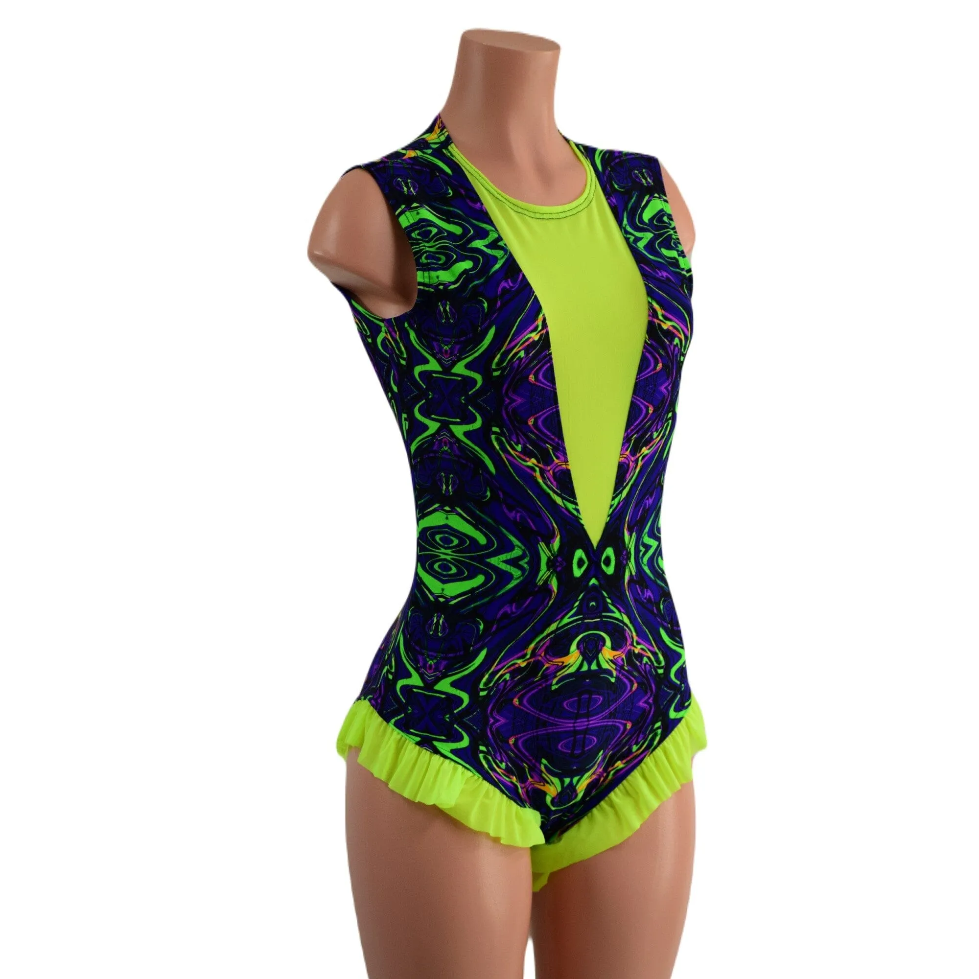 Neon Melt Trapeze Romper with Mesh Lined Plunging V Neckline