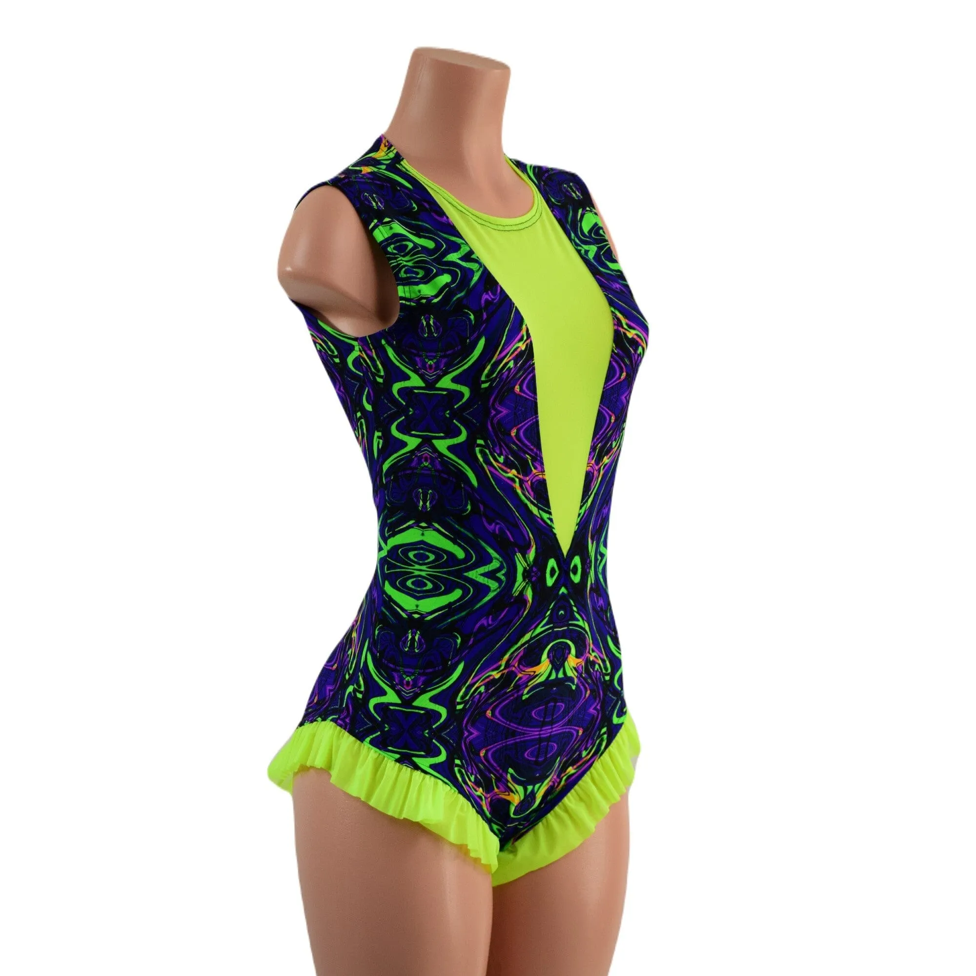 Neon Melt Trapeze Romper with Mesh Lined Plunging V Neckline