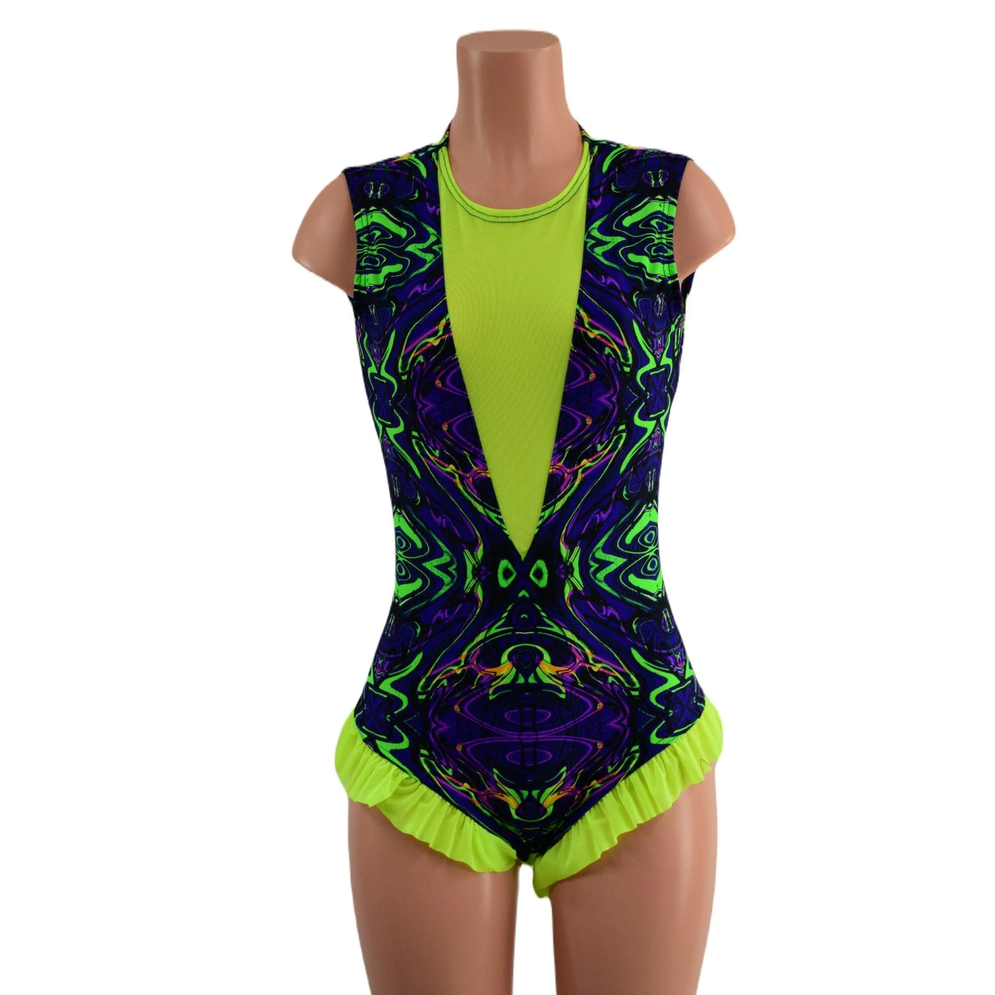 Neon Melt Trapeze Romper with Mesh Lined Plunging V Neckline