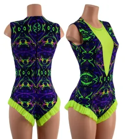 Neon Melt Trapeze Romper with Mesh Lined Plunging V Neckline
