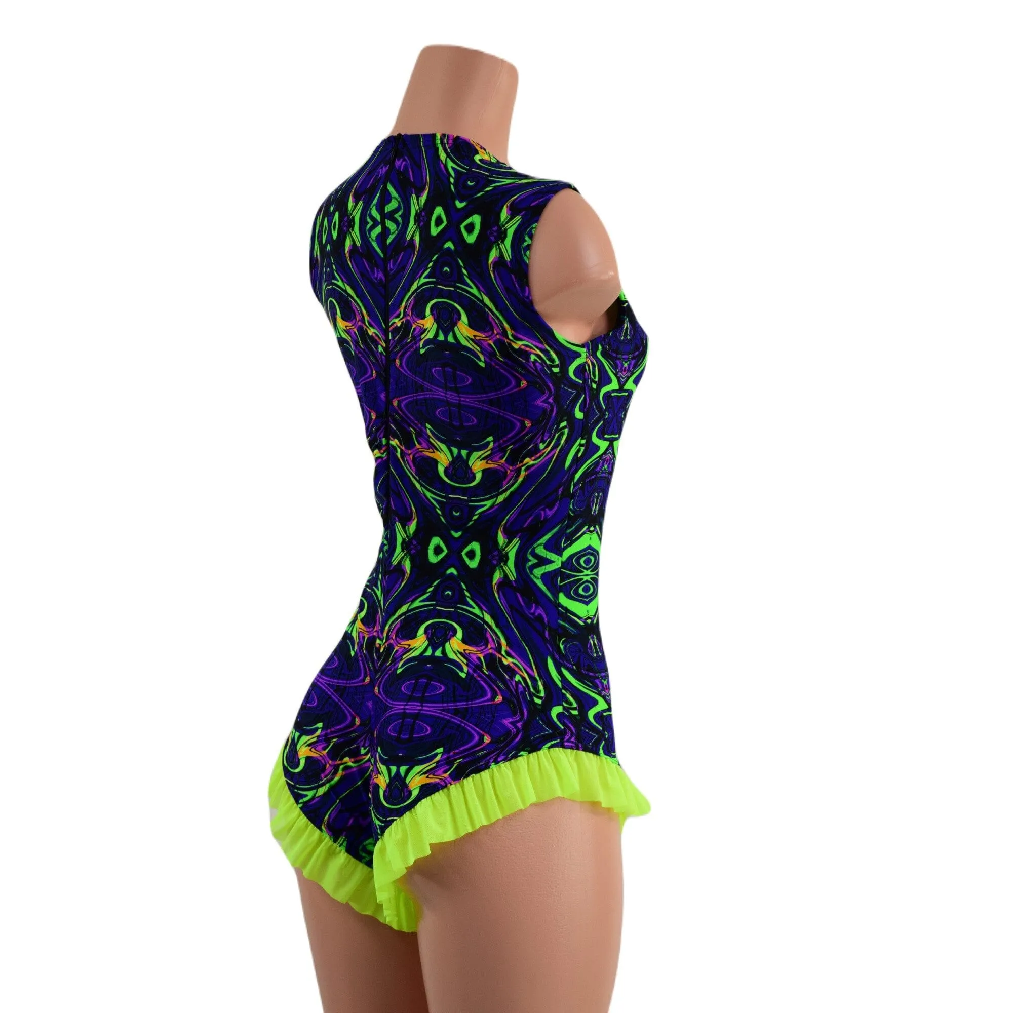 Neon Melt Trapeze Romper with Mesh Lined Plunging V Neckline