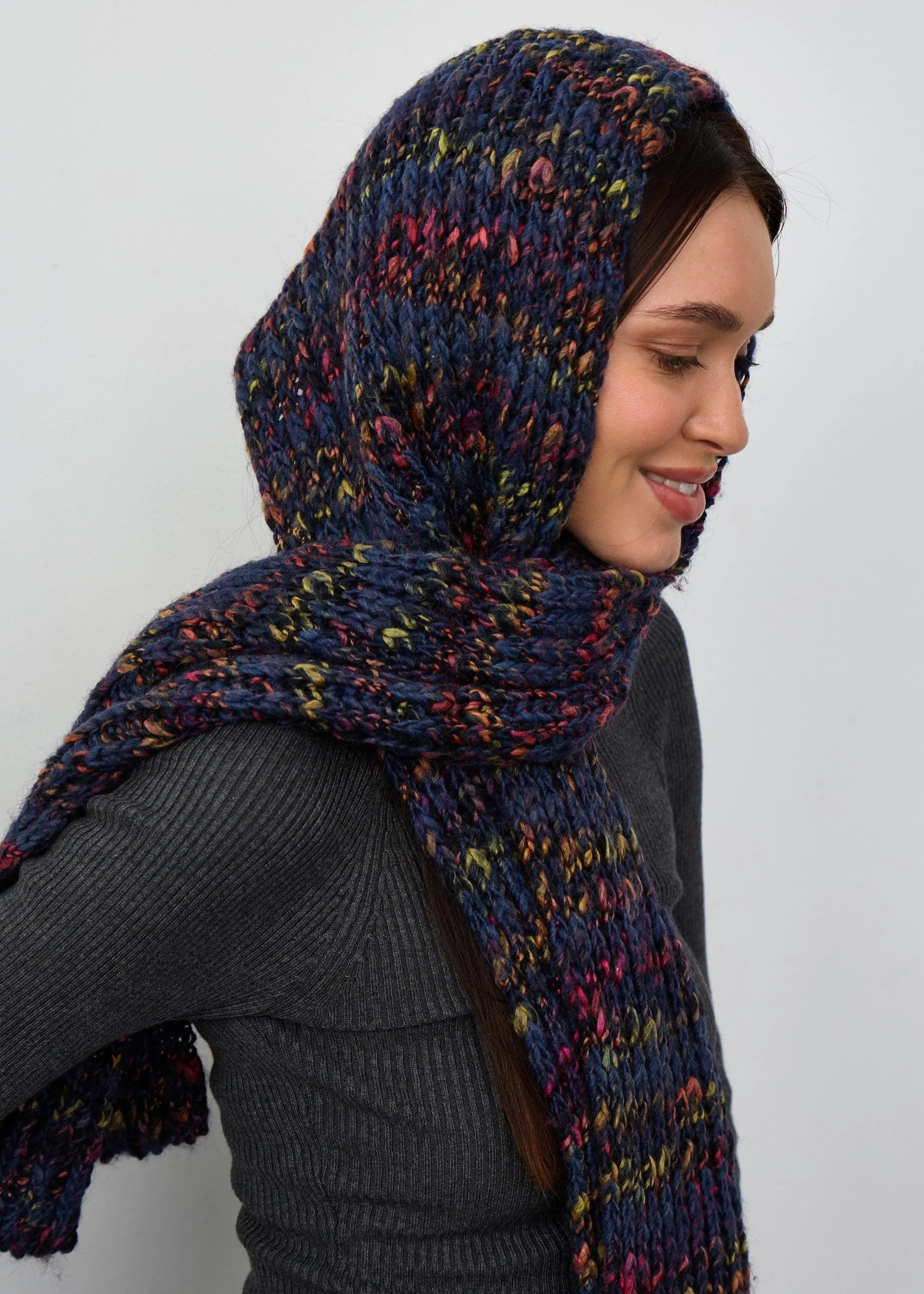 Oversized Alpaca Wool Scarf - Blueberry & Red