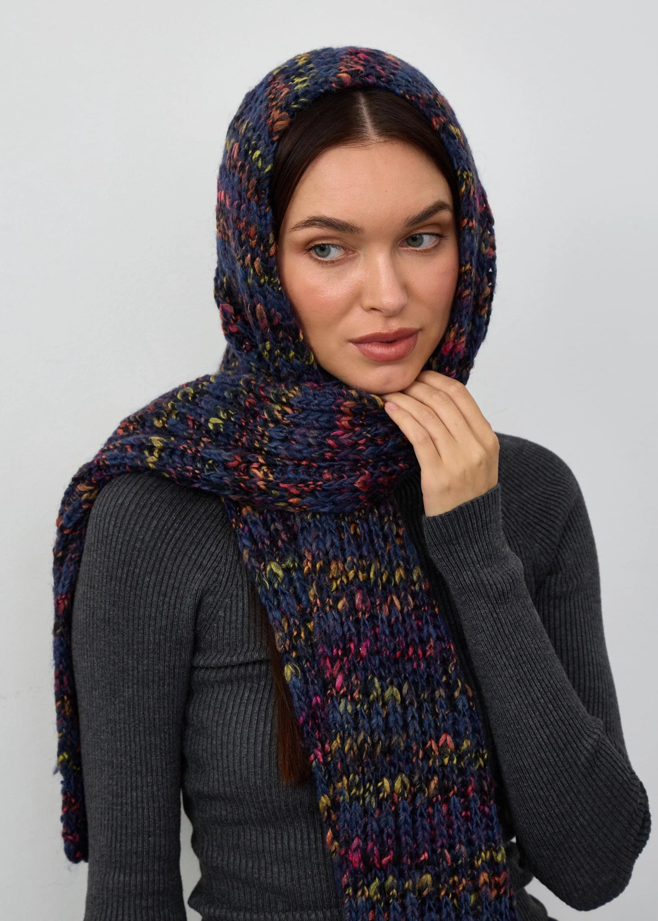 Oversized Alpaca Wool Scarf - Blueberry & Red