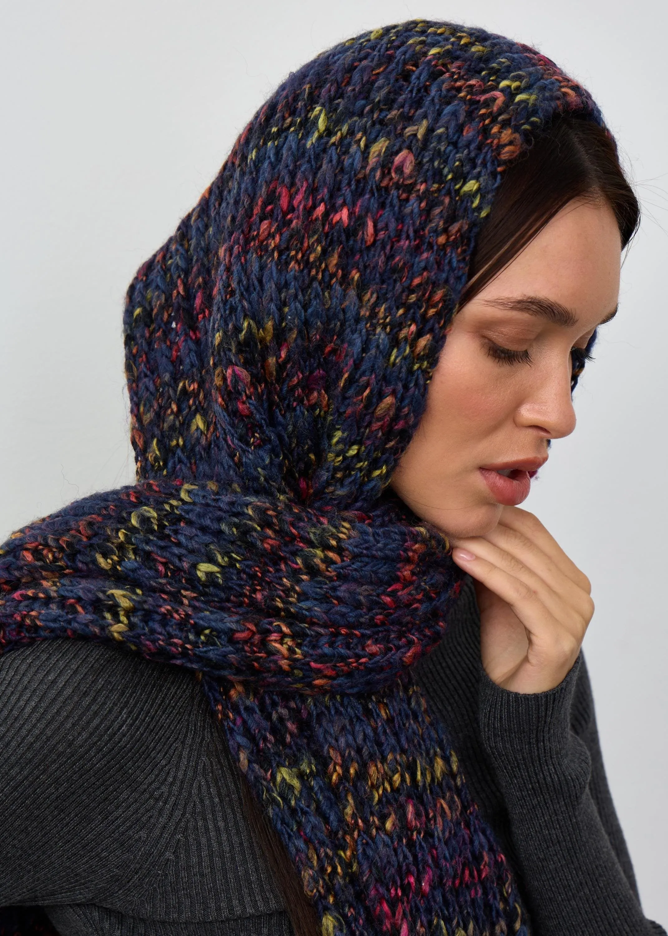 Oversized Alpaca Wool Scarf - Blueberry & Red