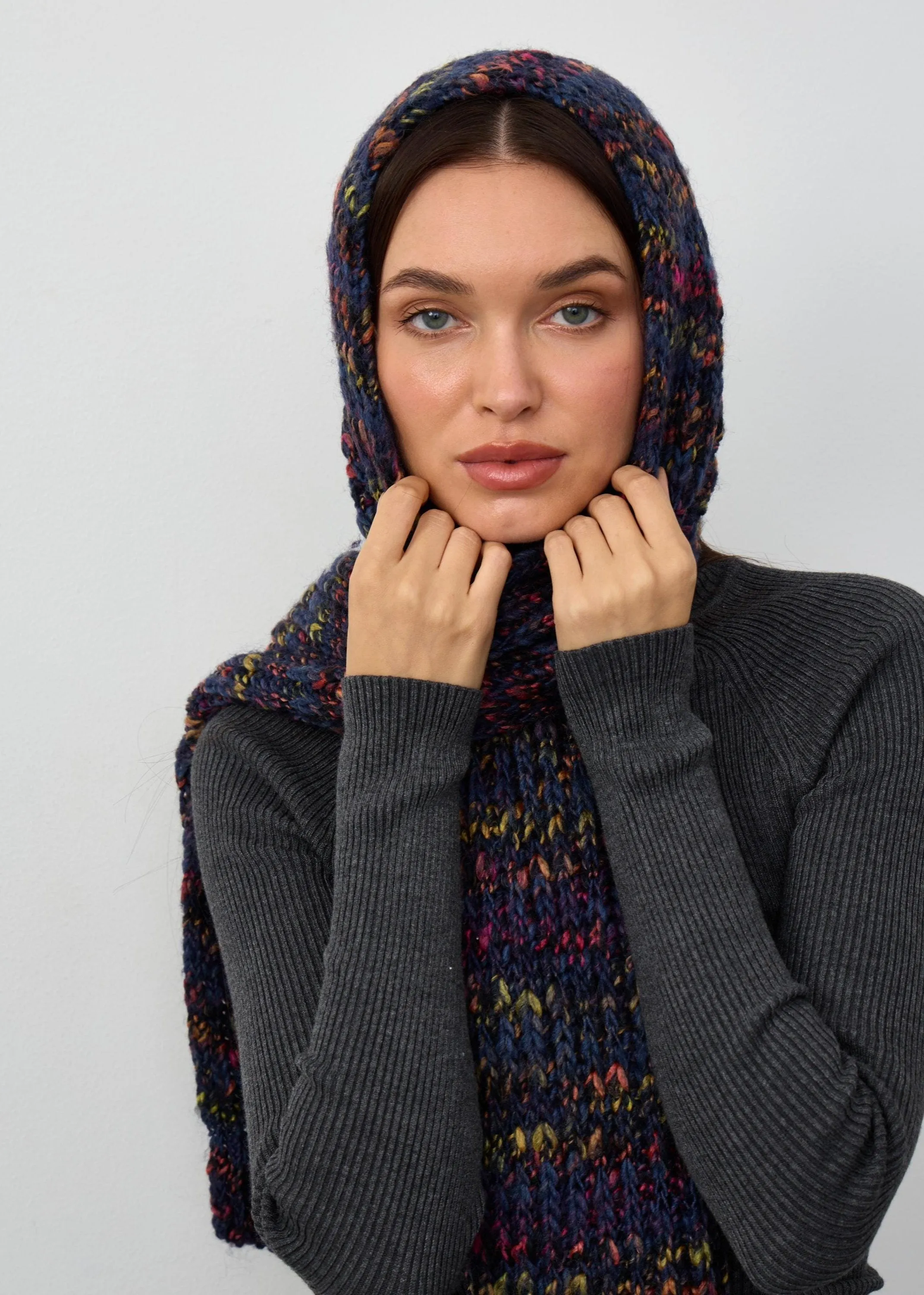 Oversized Alpaca Wool Scarf - Blueberry & Red