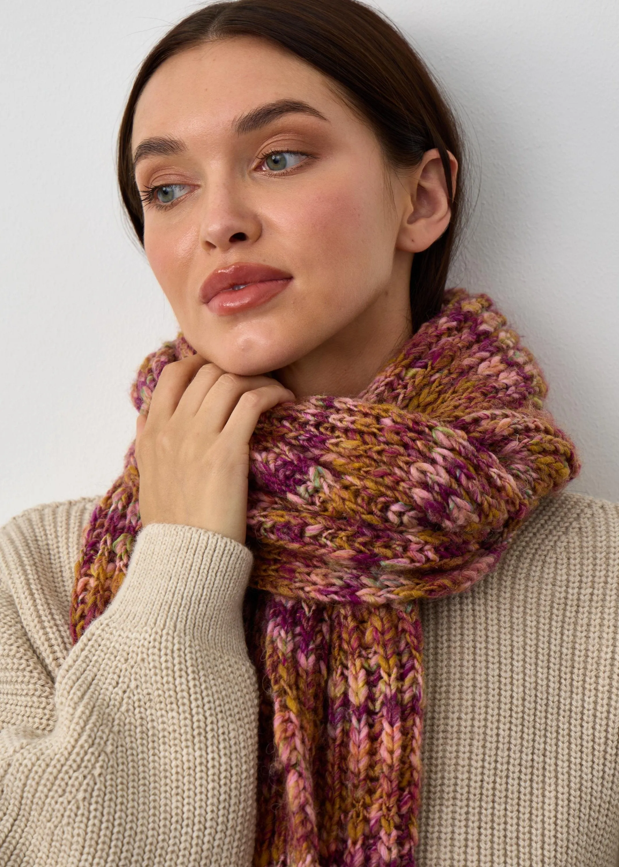 Oversized Alpaca Wool Scarf - Bordo & Khaki