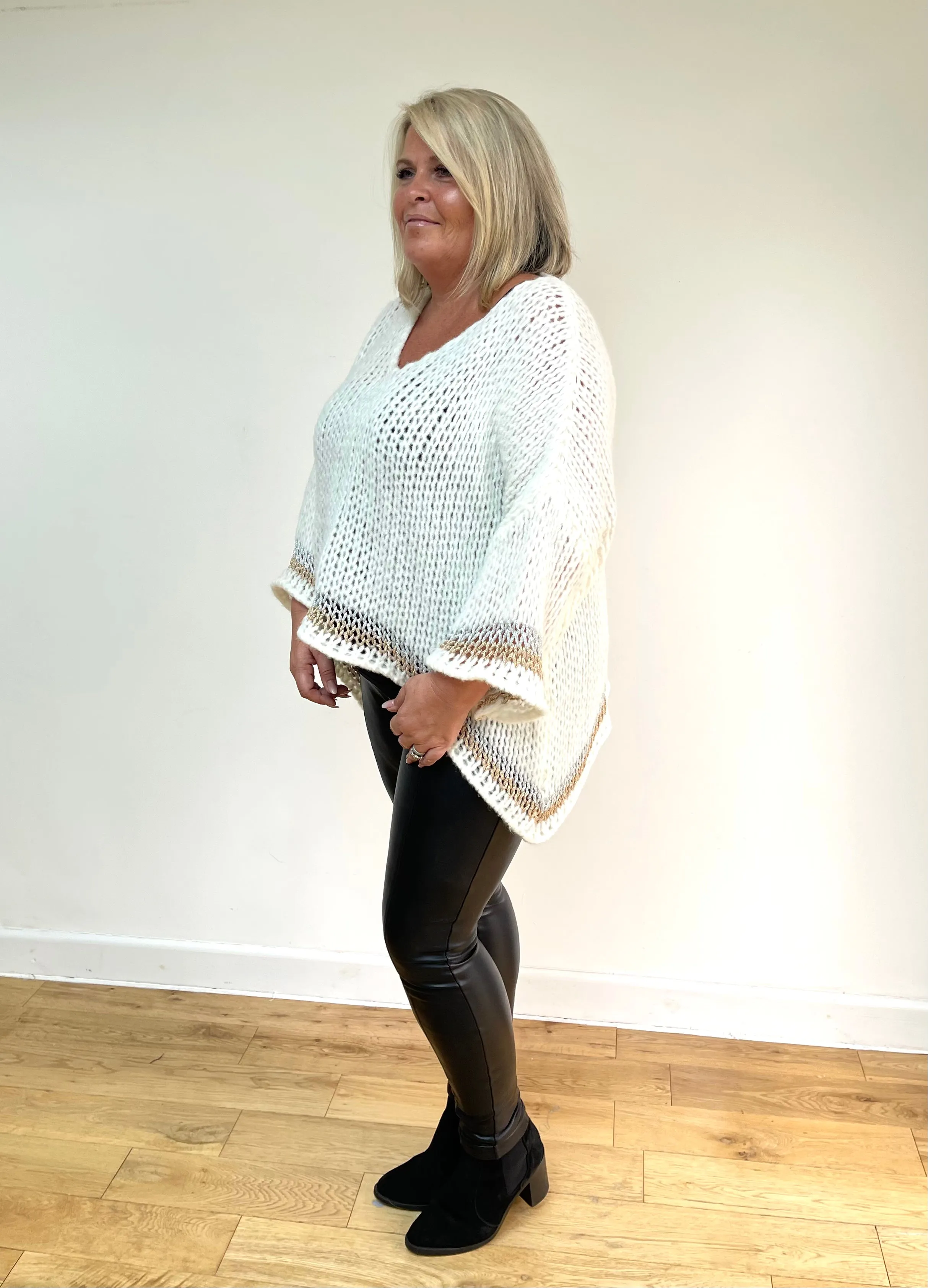 Oversized Metallic Trim Jumper - Cream