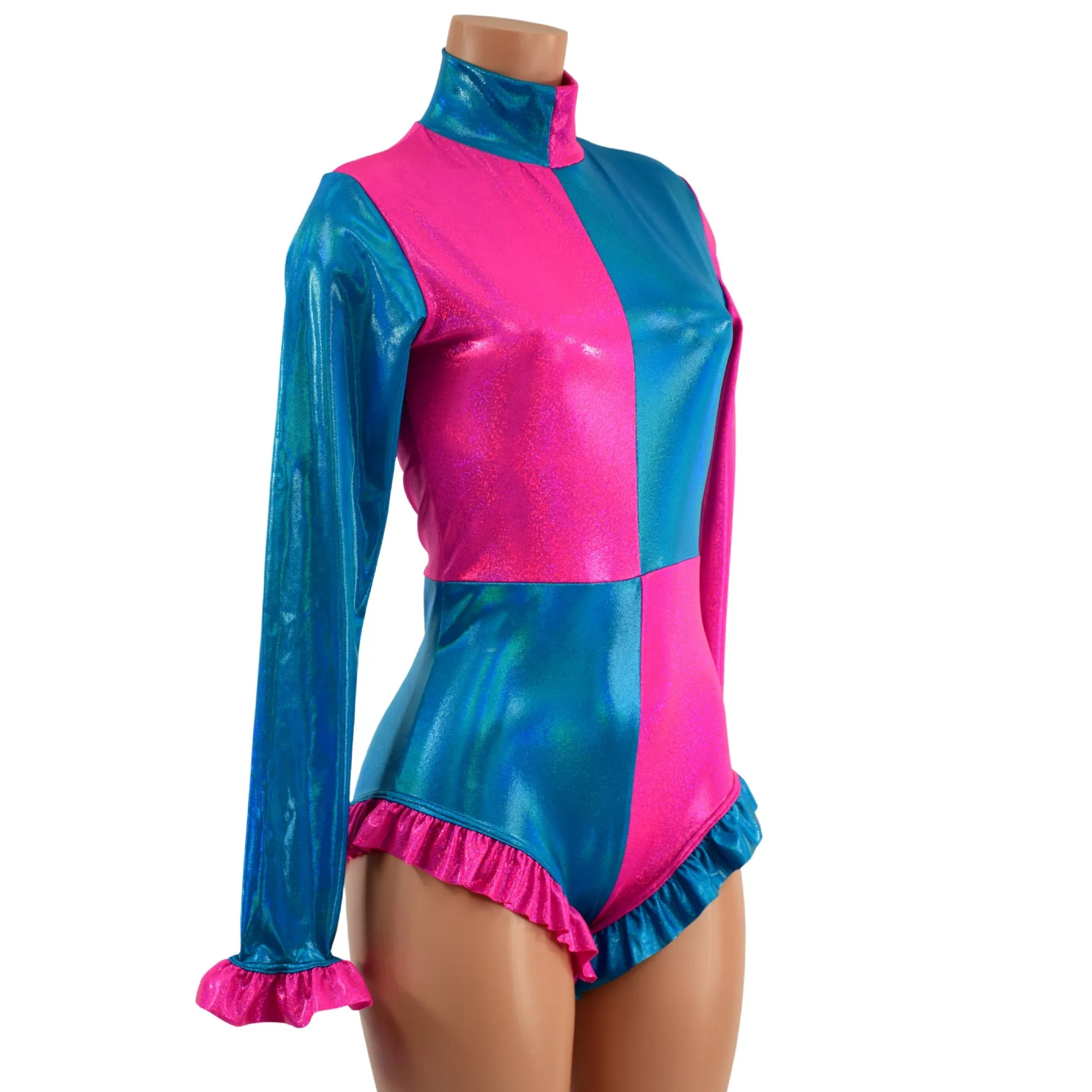 Pink and Blue Quad Color Blocked Romper with Ruffles