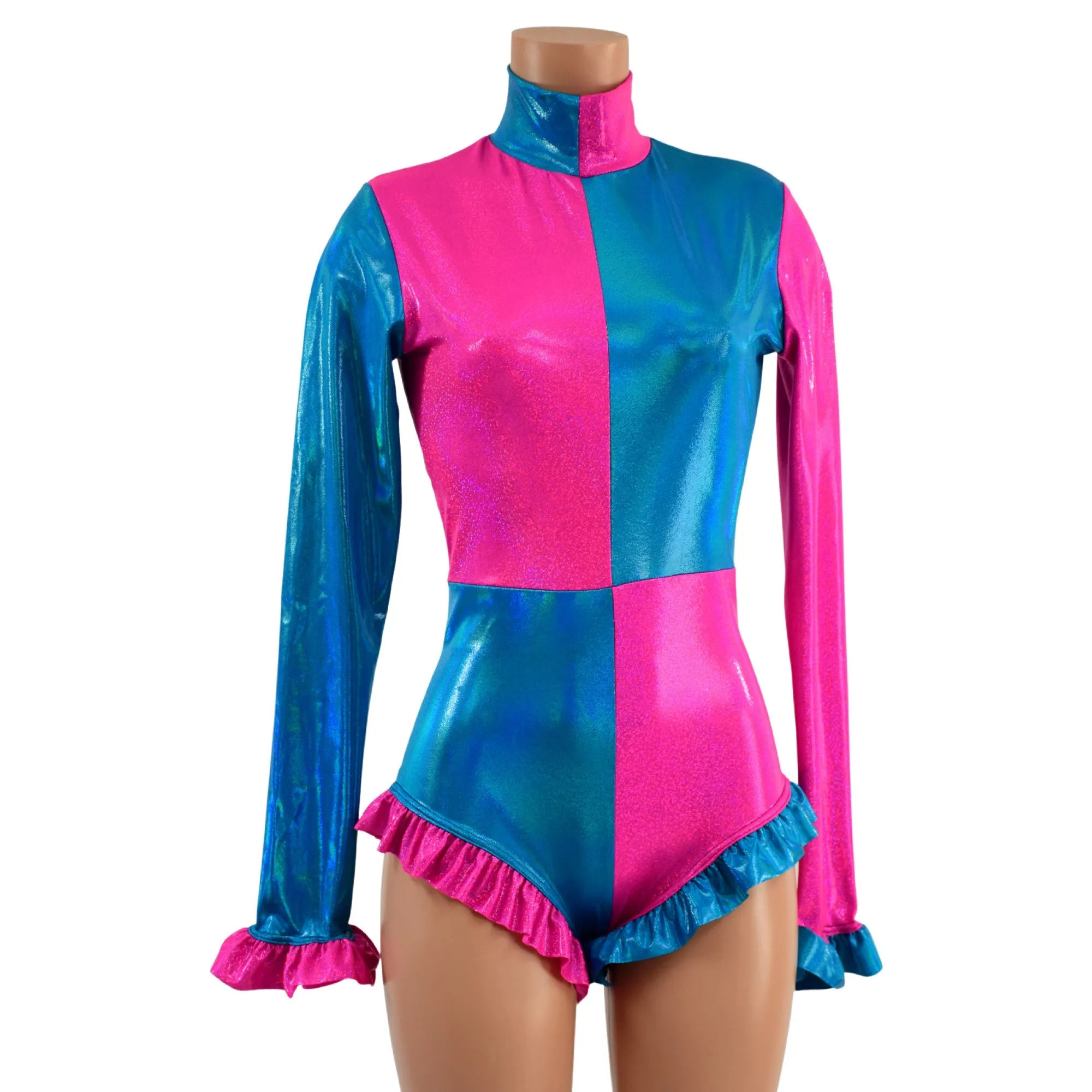 Pink and Blue Quad Color Blocked Romper with Ruffles