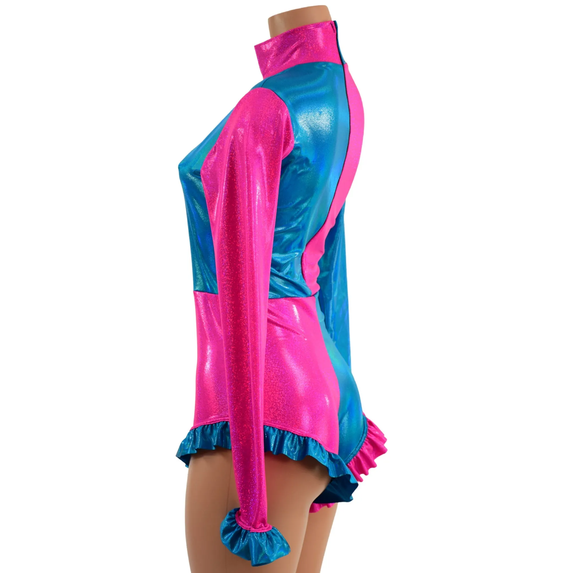 Pink and Blue Quad Color Blocked Romper with Ruffles