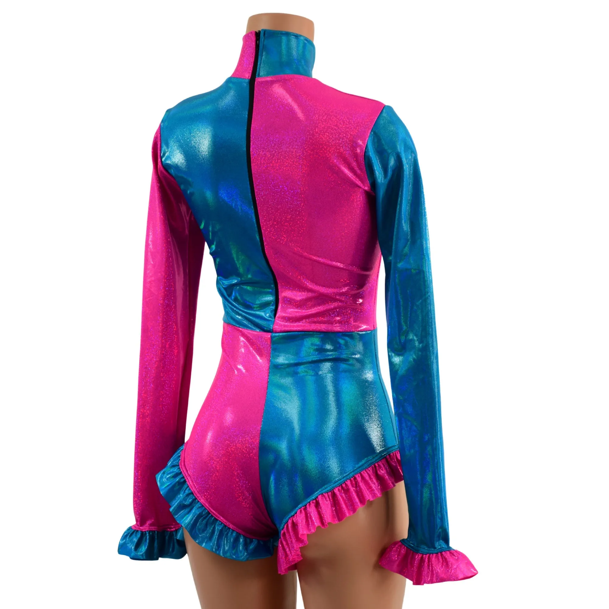 Pink and Blue Quad Color Blocked Romper with Ruffles