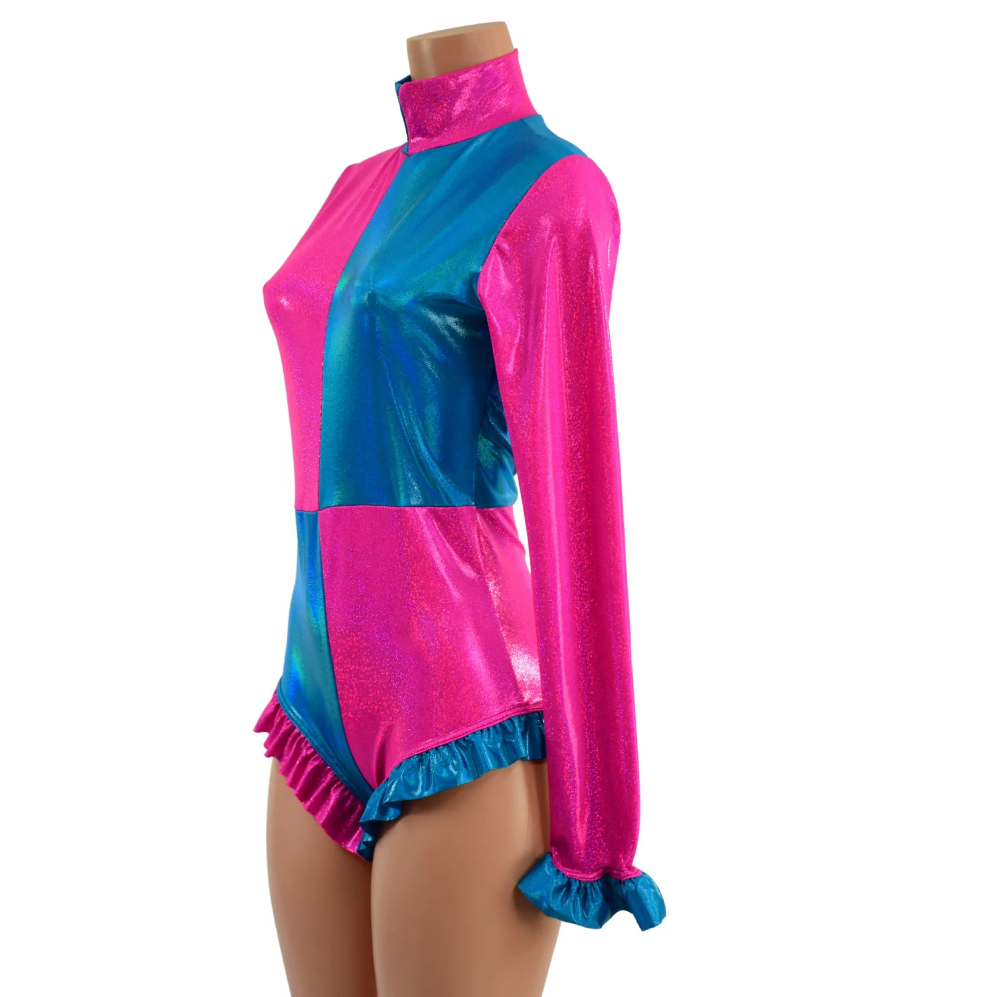 Pink and Blue Quad Color Blocked Romper with Ruffles