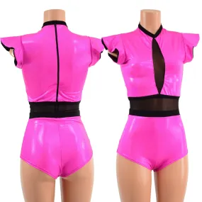 Pink Sparkly Jewel and Mesh Romper with Inset Keyhole Neckline