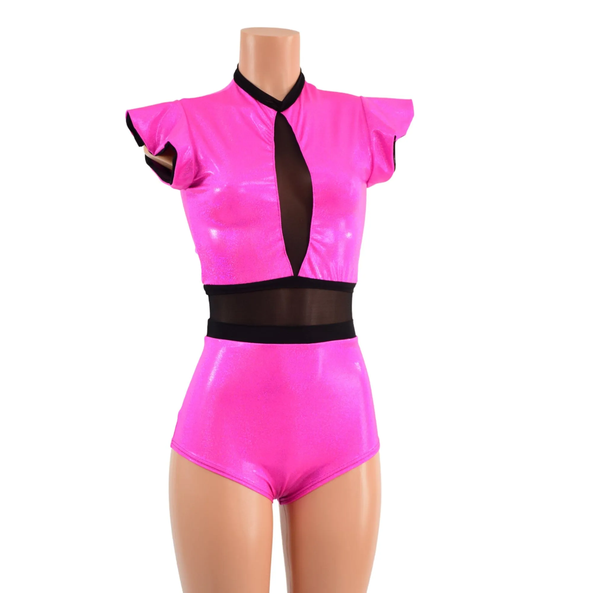 Pink Sparkly Jewel and Mesh Romper with Inset Keyhole Neckline