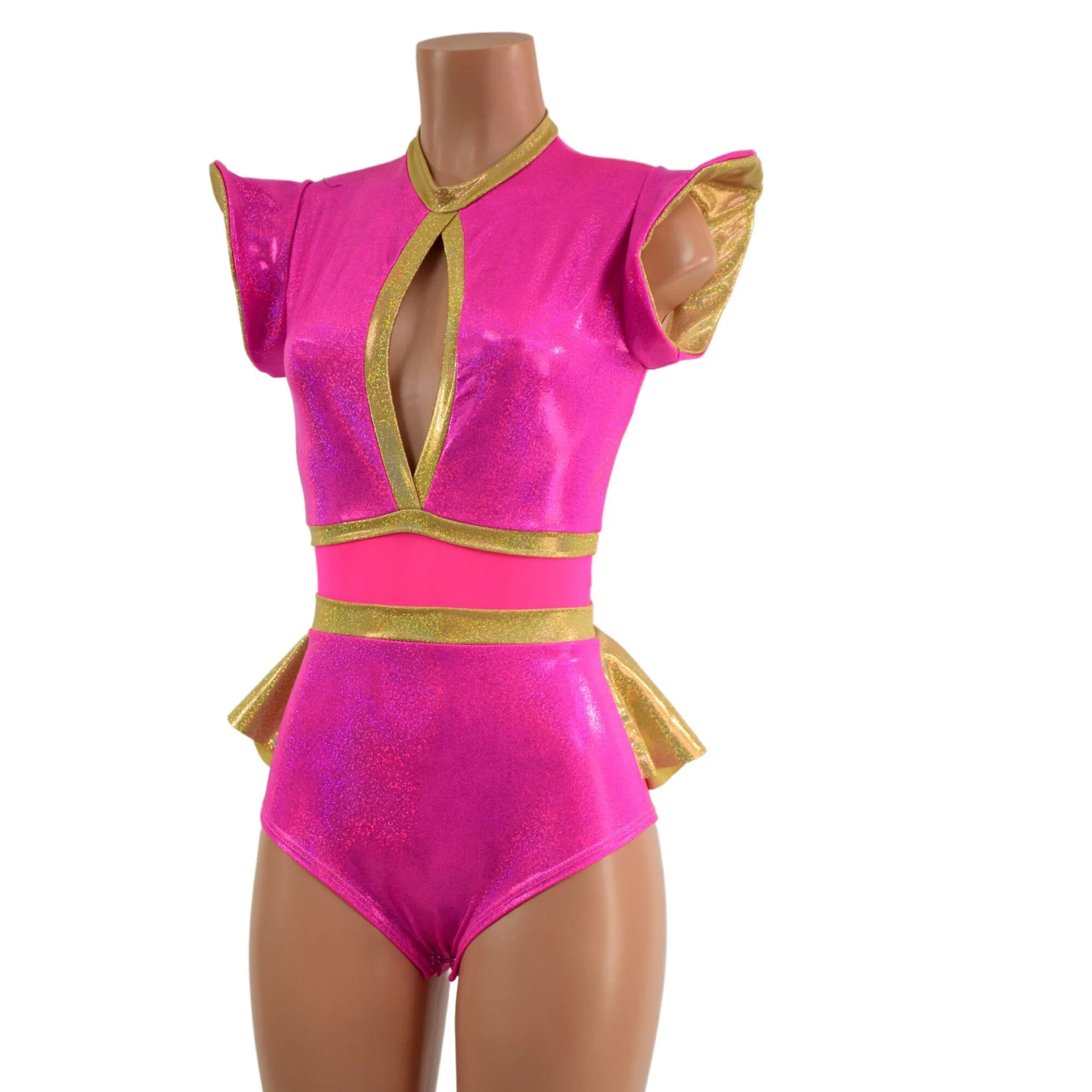 Pink Sparkly Jewel and Mesh Romper with Keyhole and Ruffle Rump
