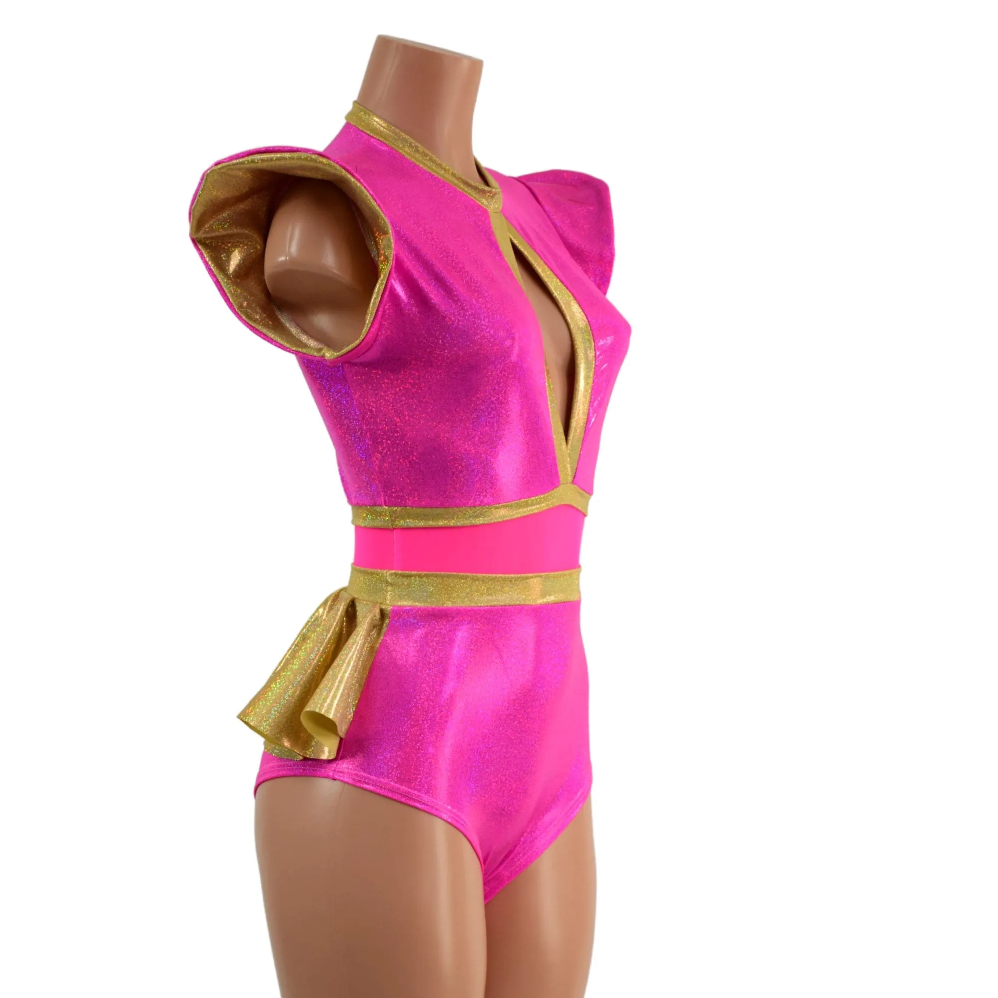 Pink Sparkly Jewel and Mesh Romper with Keyhole and Ruffle Rump