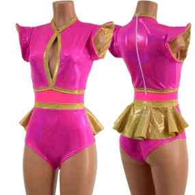 Pink Sparkly Jewel and Mesh Romper with Keyhole and Ruffle Rump