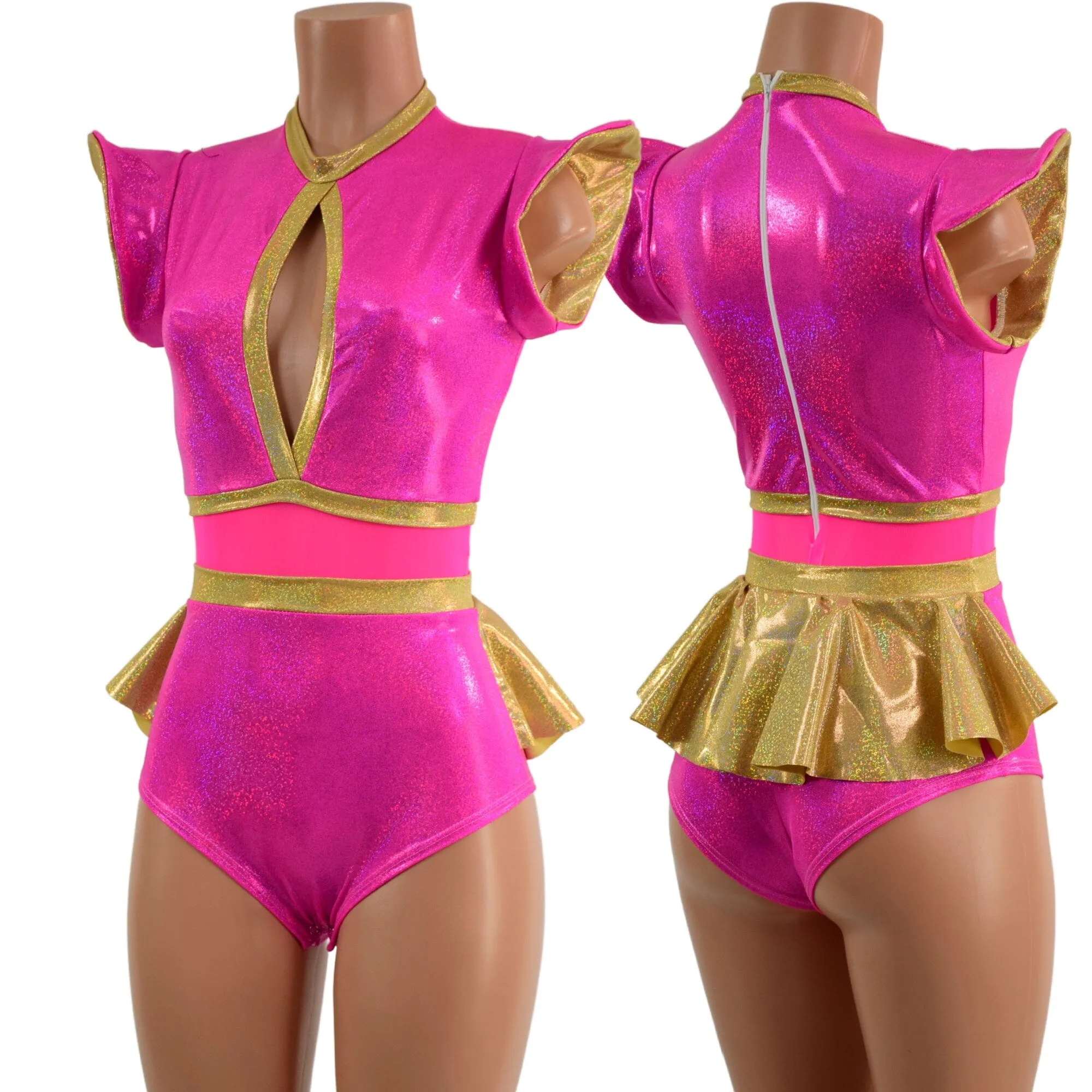 Pink Sparkly Jewel and Mesh Romper with Keyhole and Ruffle Rump
