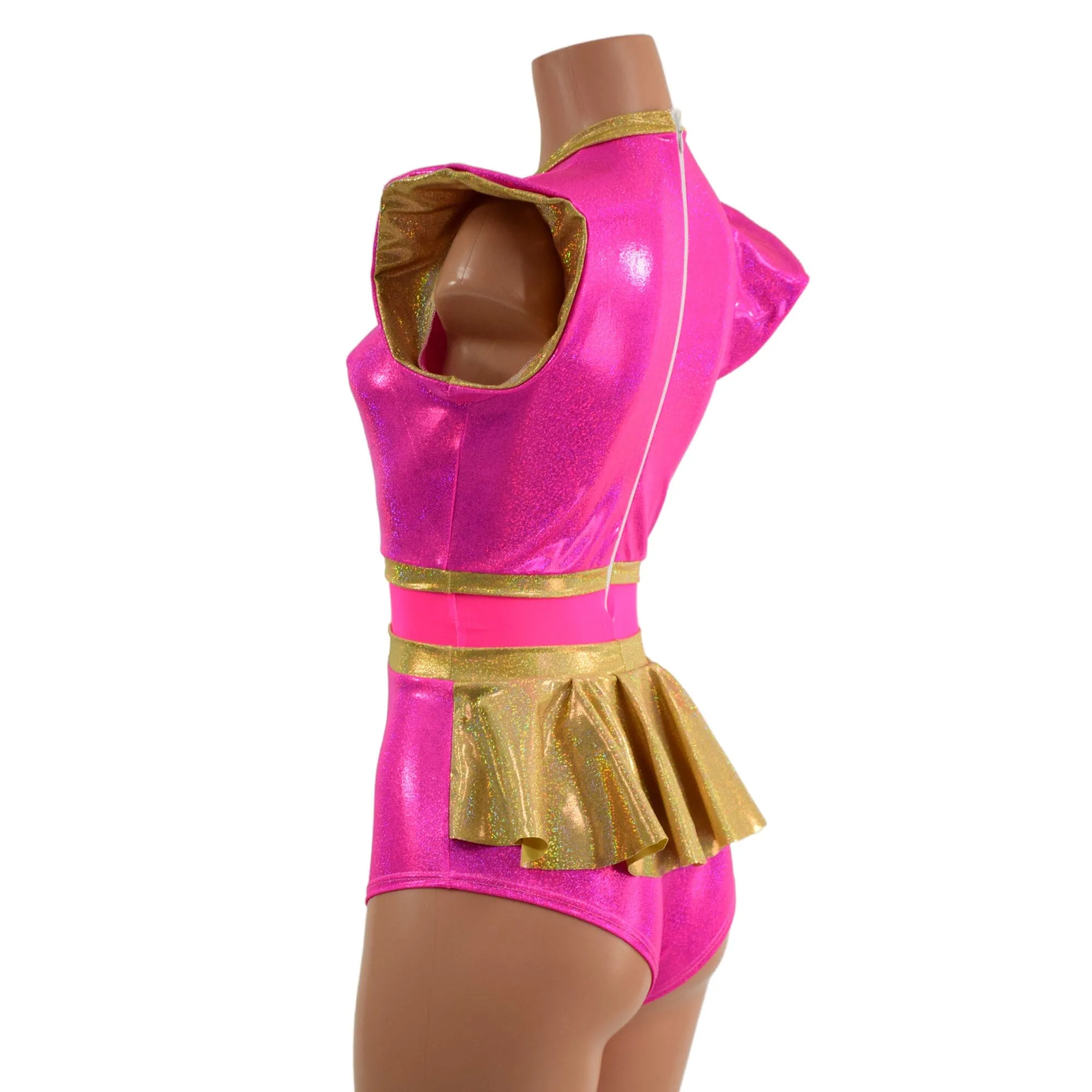 Pink Sparkly Jewel and Mesh Romper with Keyhole and Ruffle Rump