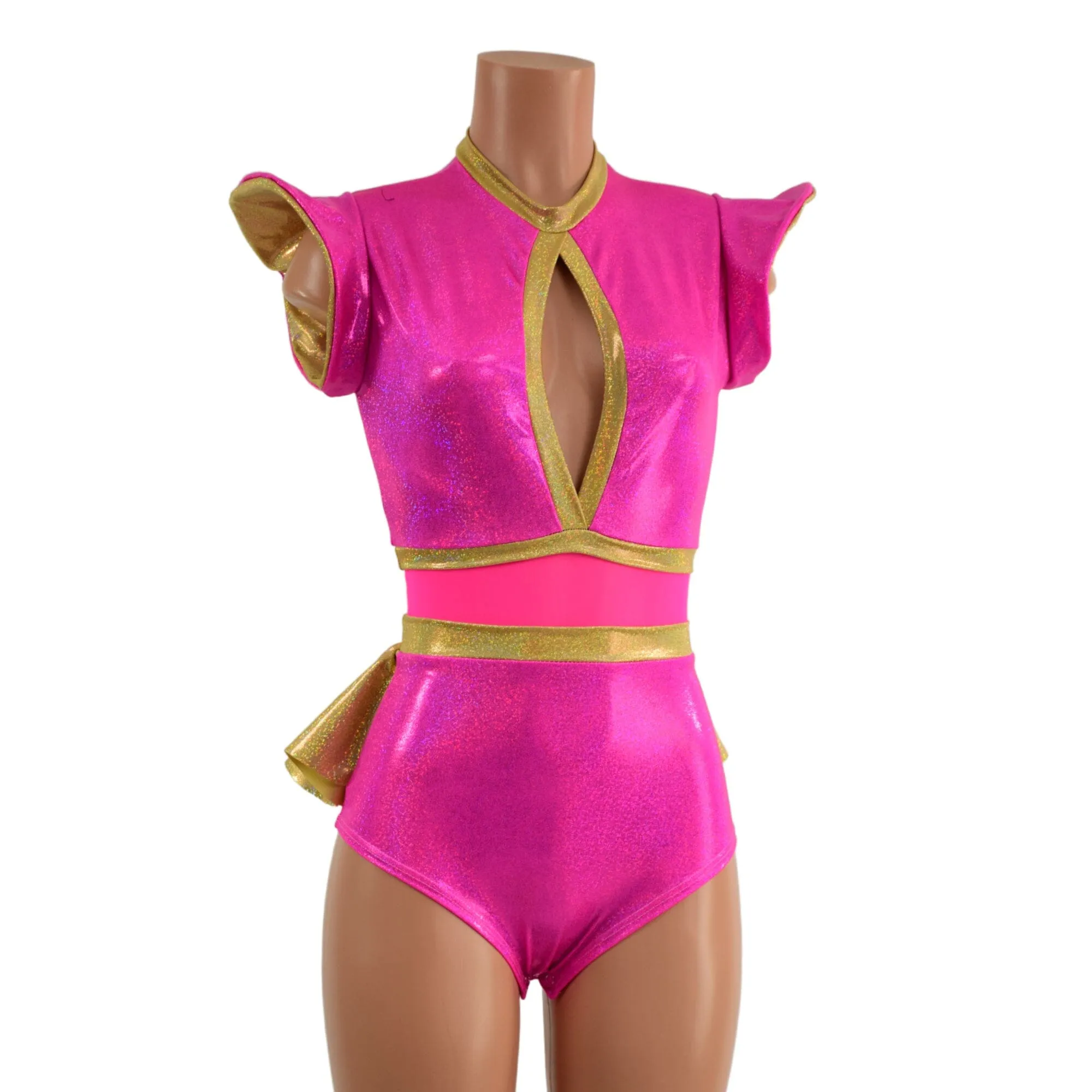 Pink Sparkly Jewel and Mesh Romper with Keyhole and Ruffle Rump