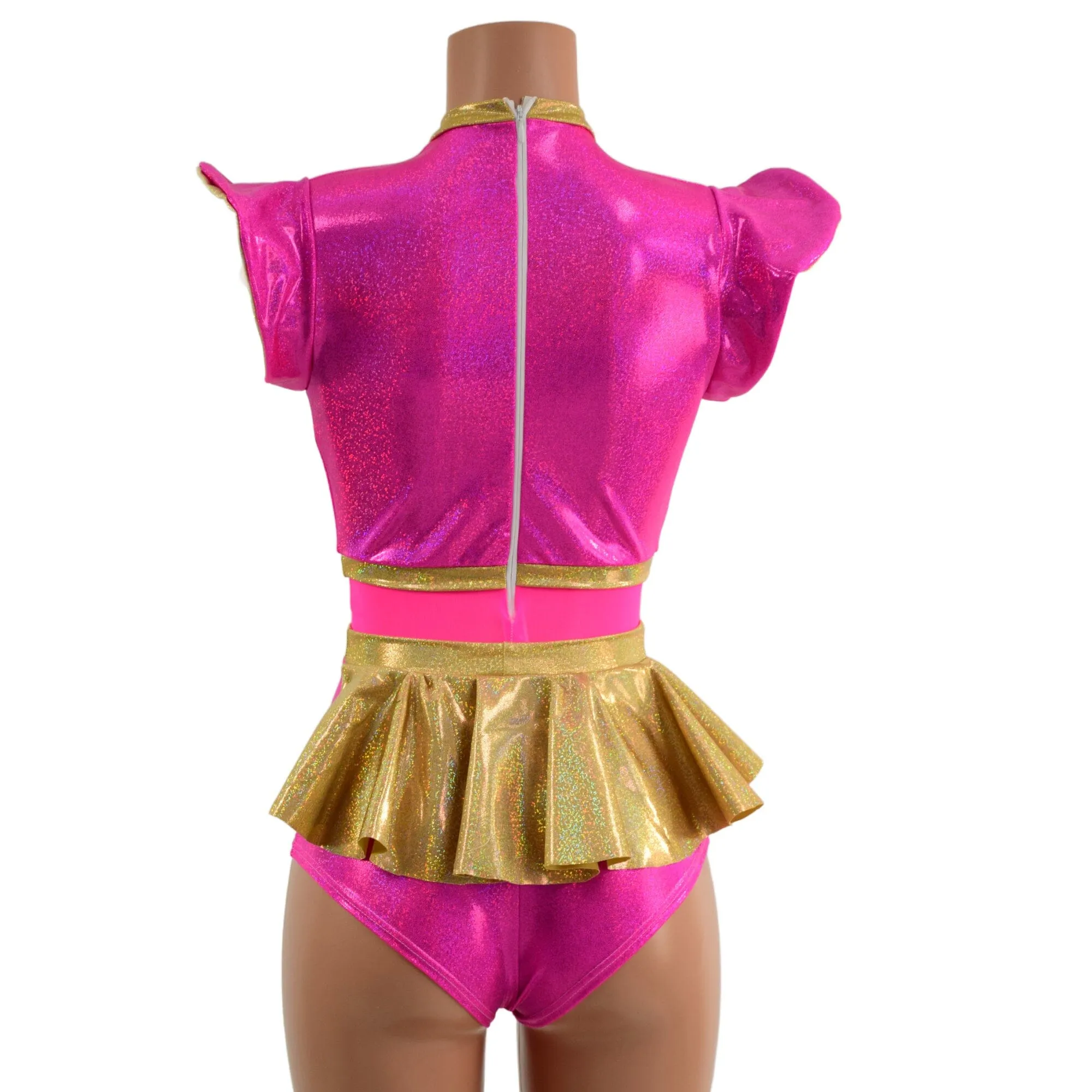 Pink Sparkly Jewel and Mesh Romper with Keyhole and Ruffle Rump
