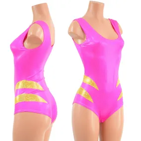 Pink Sparkly Jewel Siren Romper with Gold Hip Arcs
