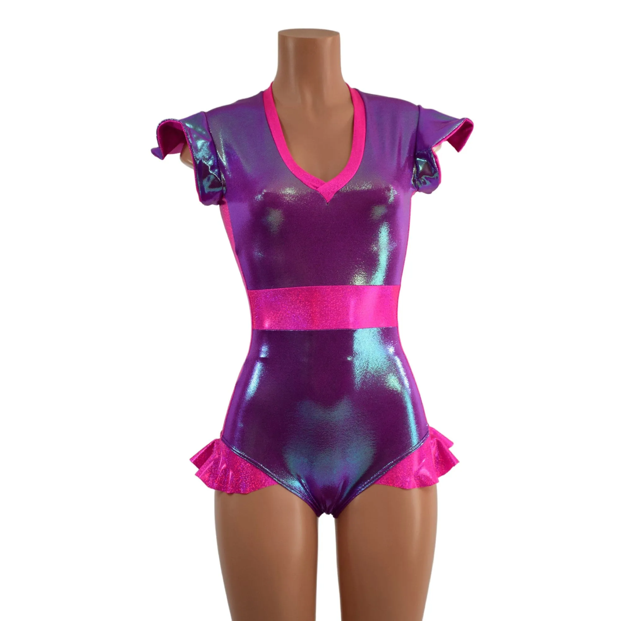 Plumeria and Pink Sparkly Jewel Flip Sleeve Paneled Romper