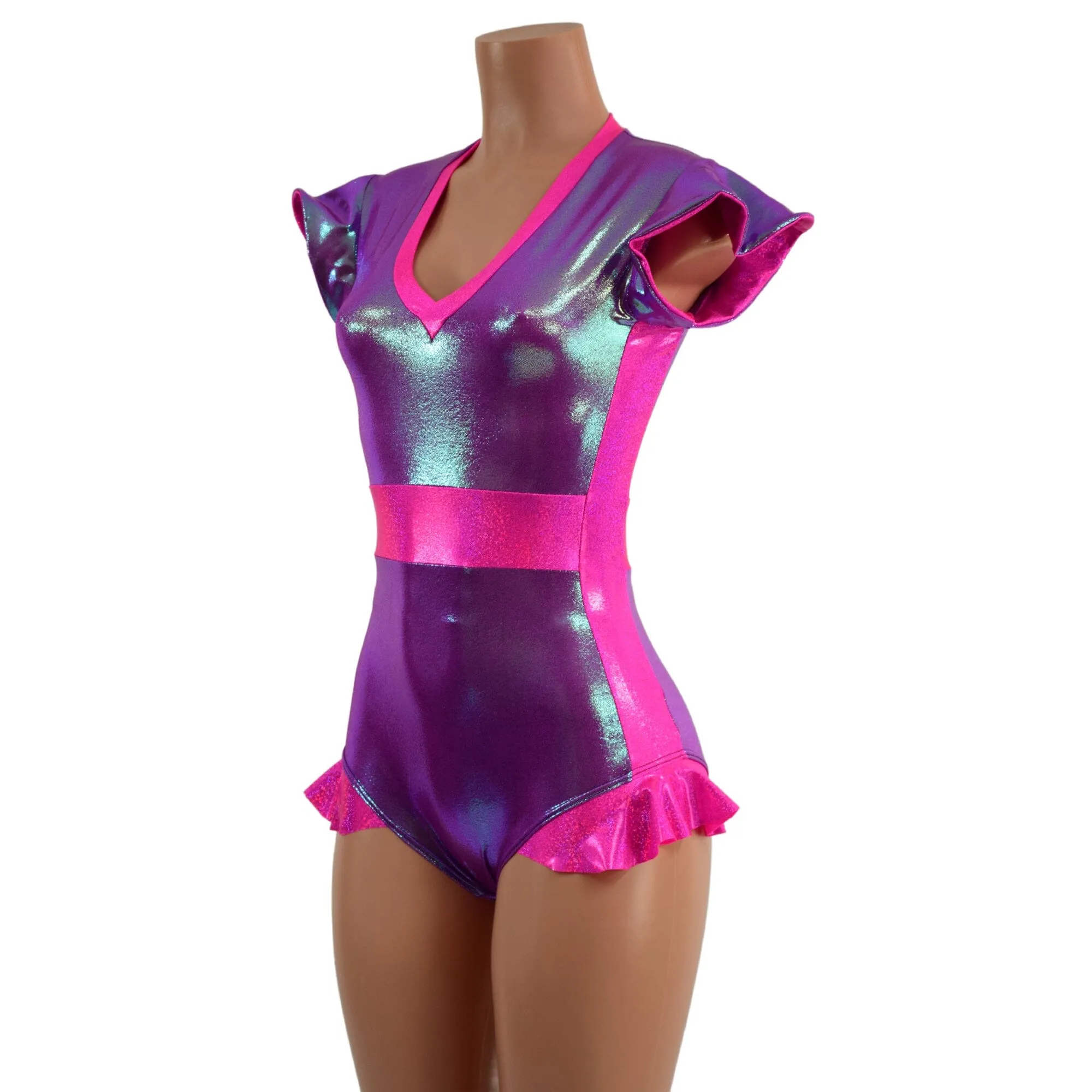 Plumeria and Pink Sparkly Jewel Flip Sleeve Paneled Romper