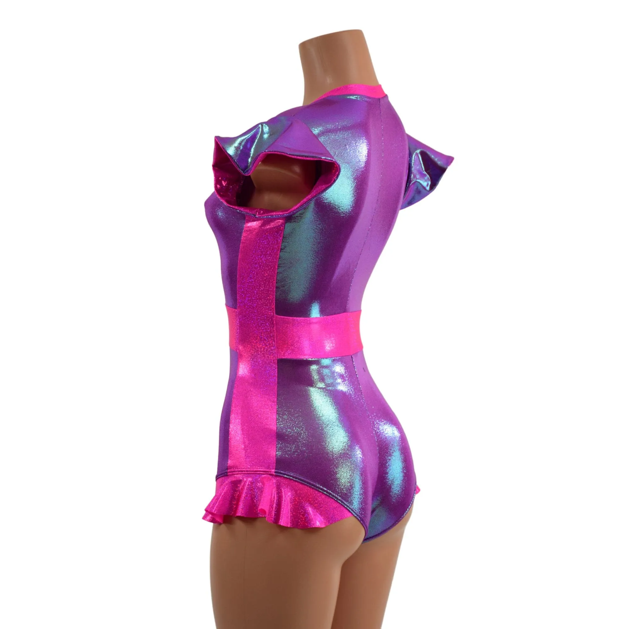 Plumeria and Pink Sparkly Jewel Flip Sleeve Paneled Romper