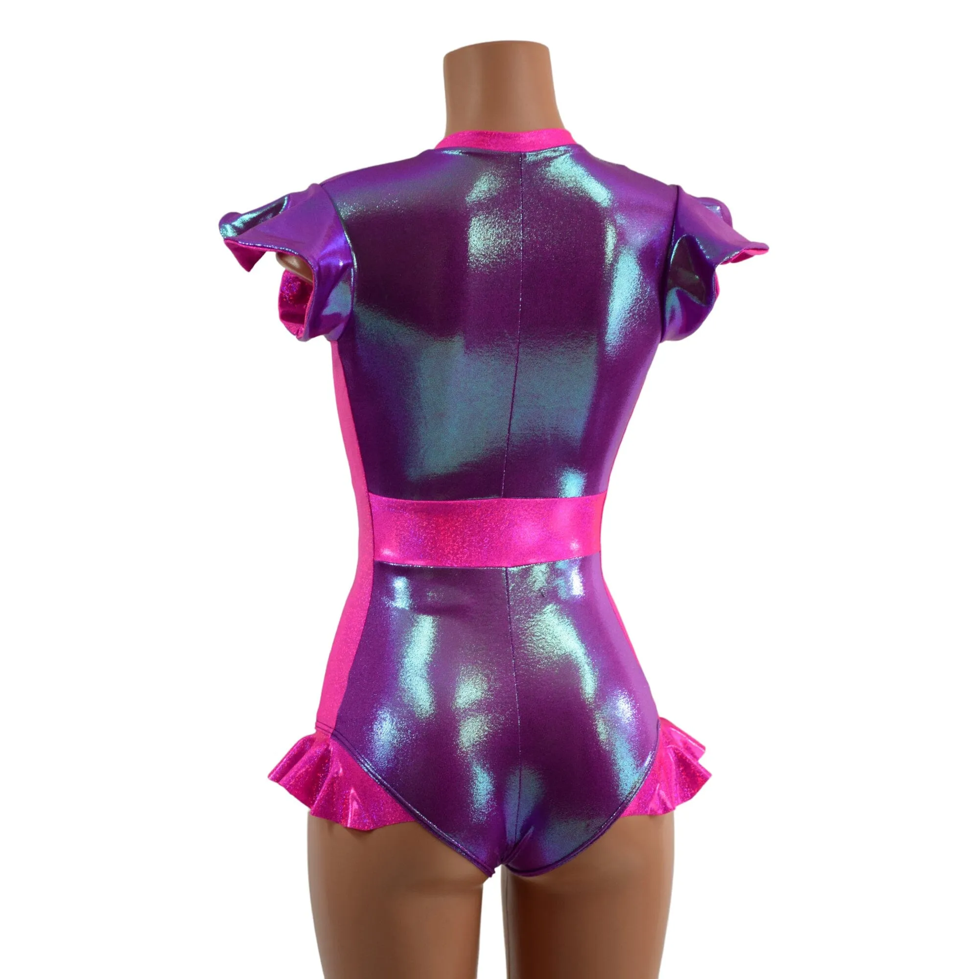 Plumeria and Pink Sparkly Jewel Flip Sleeve Paneled Romper