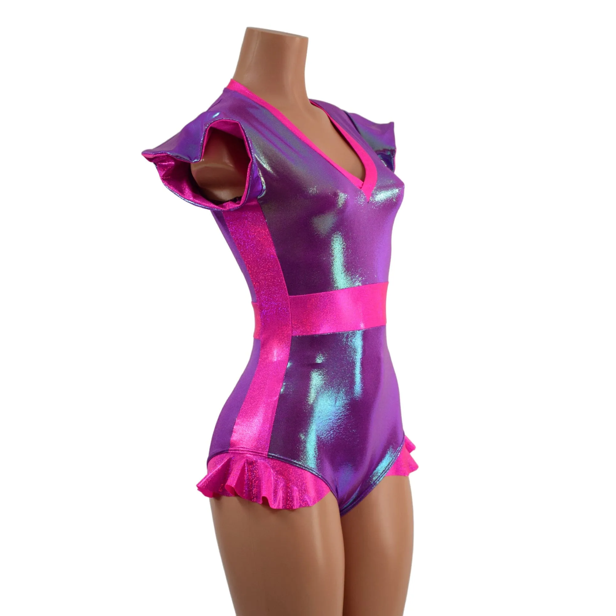 Plumeria and Pink Sparkly Jewel Flip Sleeve Paneled Romper