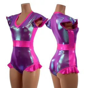 Plumeria and Pink Sparkly Jewel Flip Sleeve Paneled Romper