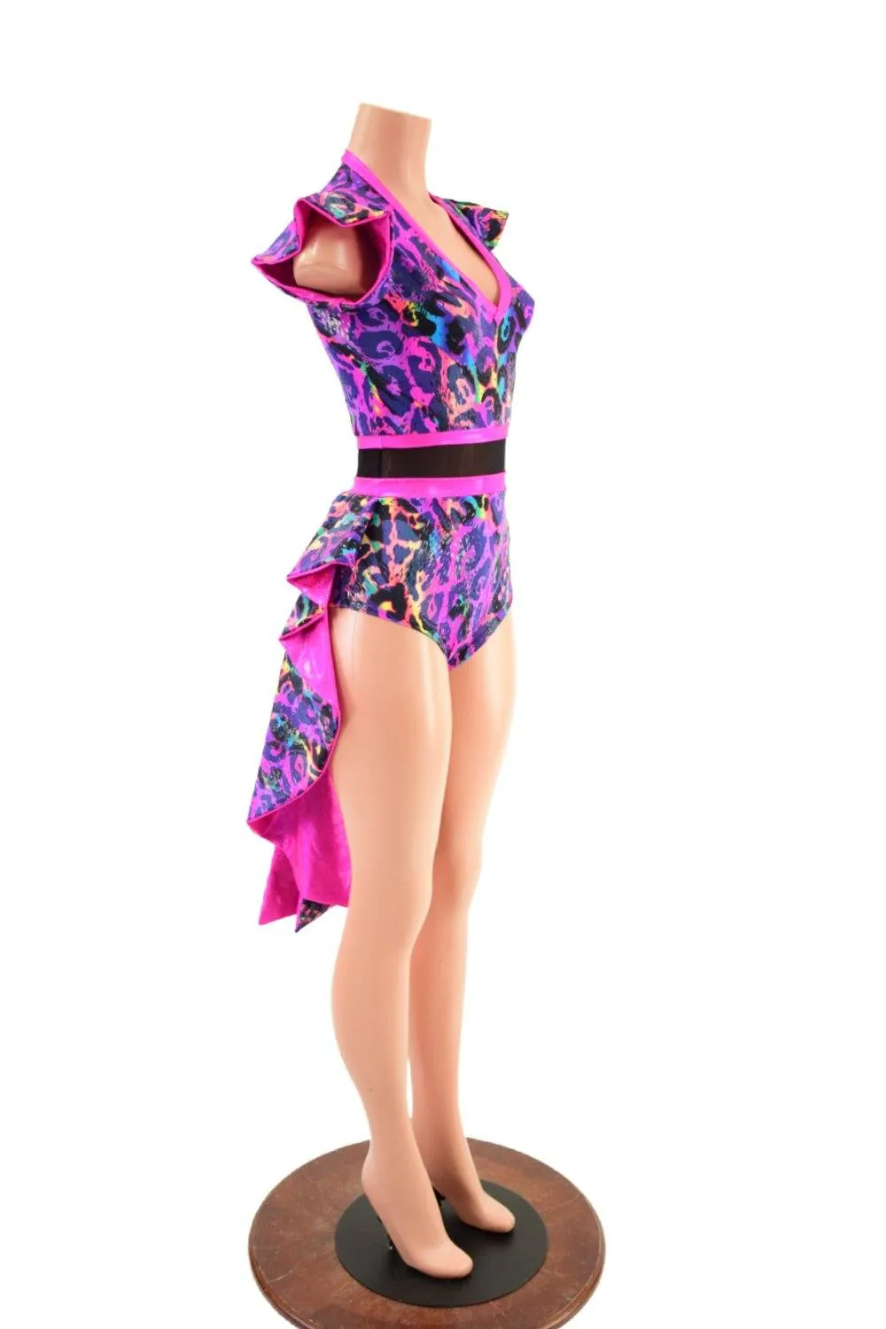 Rainbow Leopard Print Tuxedo Back Romper with V neckline